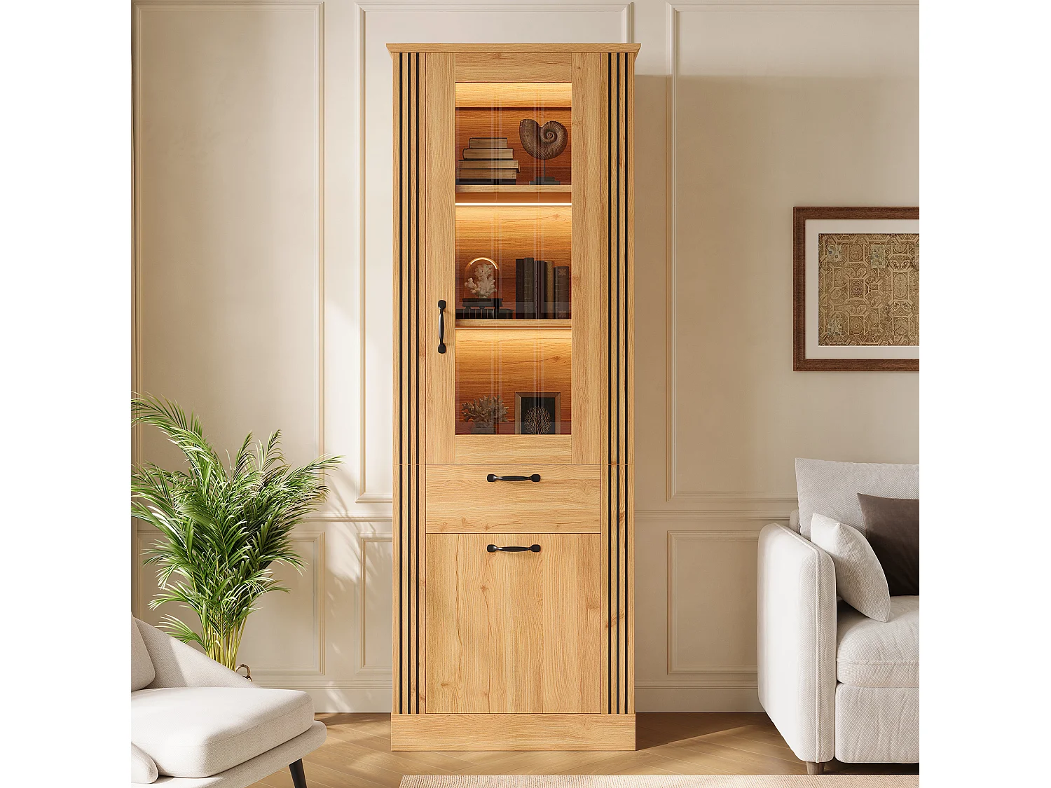 Vitrine avec porte miroir 62x41x180 cm - Éclairage LED - Avec 2 portes et 1 tiroir - Panneaux de particules - Naturel