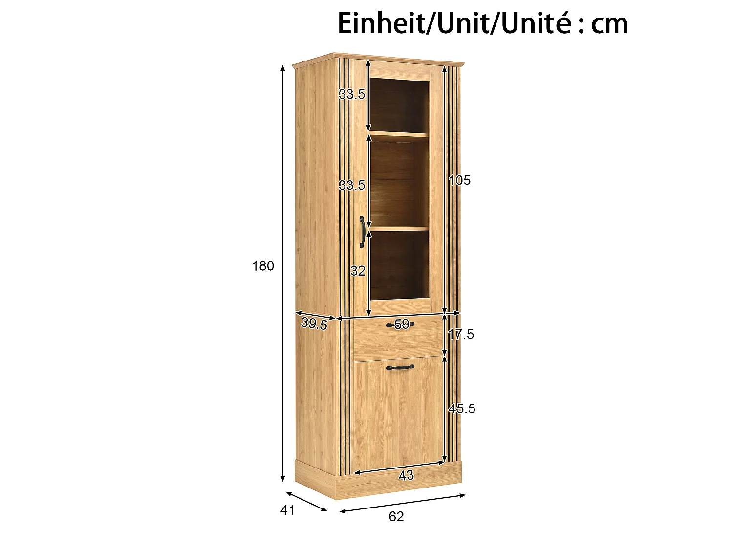 Vitrine avec porte miroir 62x41x180 cm - Éclairage LED - Avec 2 portes et 1 tiroir - Panneaux de particules - Naturel