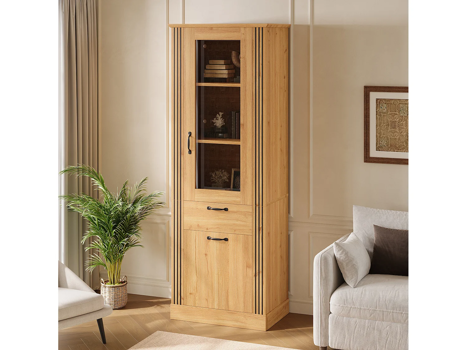 Vitrine avec porte miroir 62x41x180 cm - Éclairage LED - Avec 2 portes et 1 tiroir - Panneaux de particules - Naturel