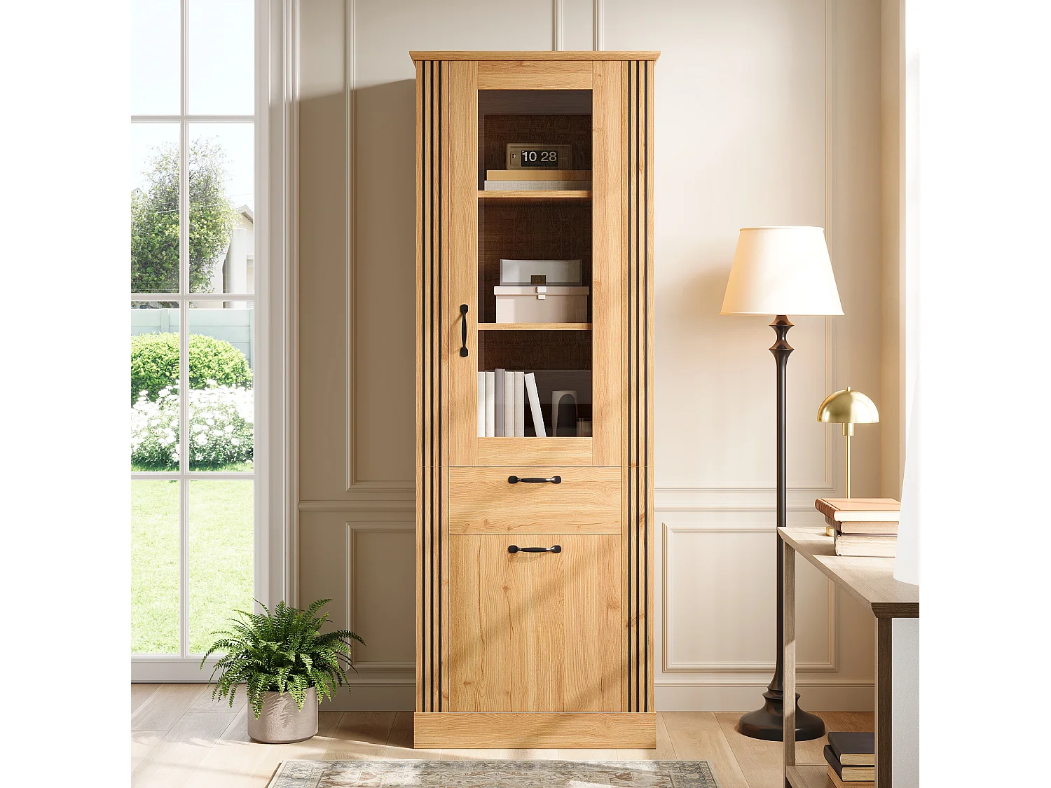 Vitrine avec porte miroir 62x41x180 cm - Éclairage LED - Avec 2 portes et 1 tiroir - Panneaux de particules - Naturel