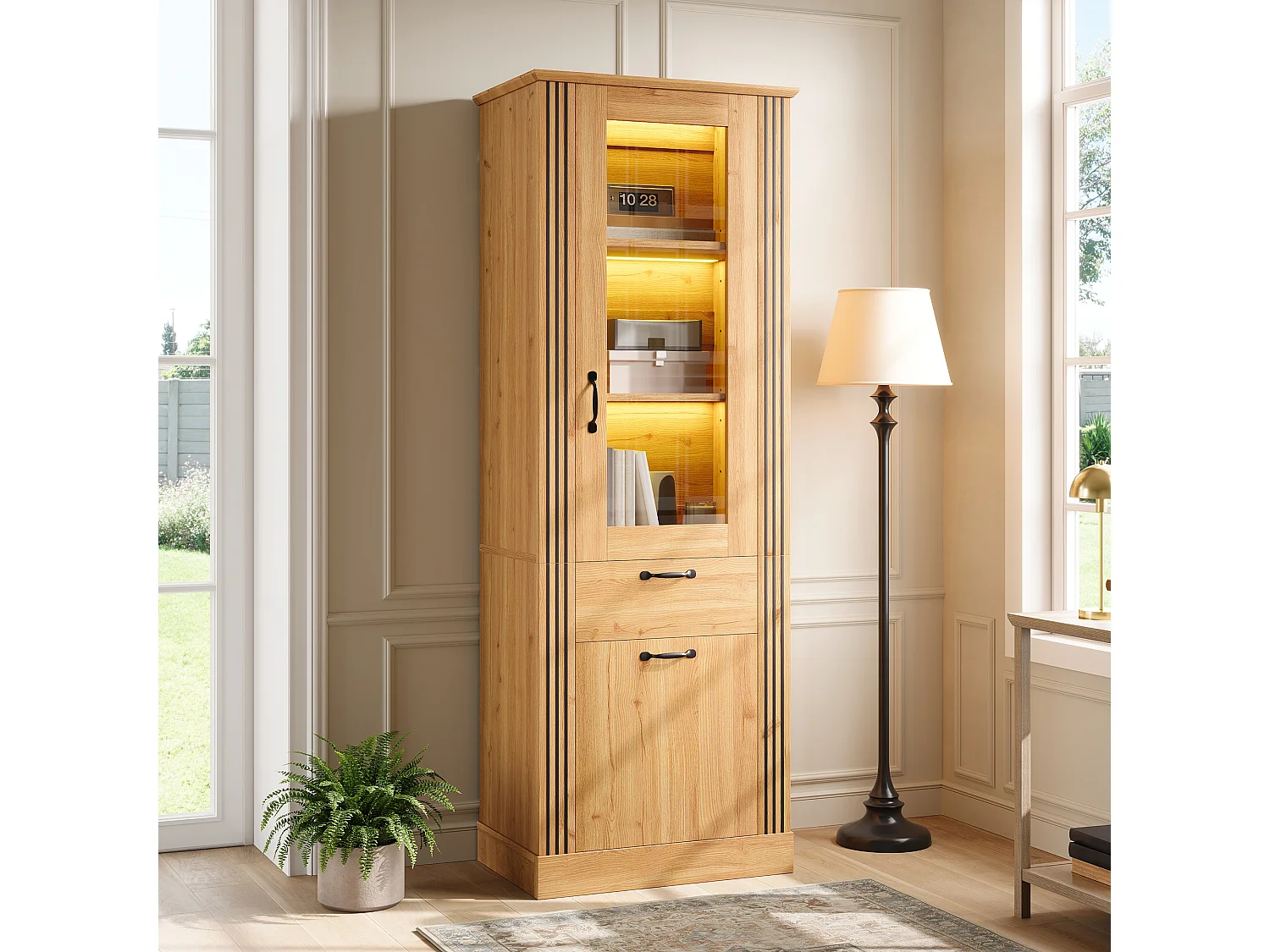 Vitrine avec porte miroir 62x41x180 cm - Éclairage LED - Avec 2 portes et 1 tiroir - Panneaux de particules - Naturel