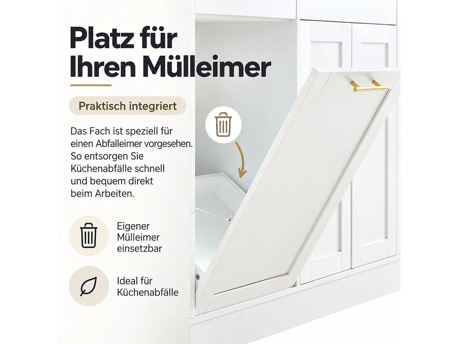Kücheninsel mit klappbarer Arbeitsplatte 120 cm – mit verschiebbarem Seitenregal, 3 Schubladen und 2 Türen - Weiß+Natur