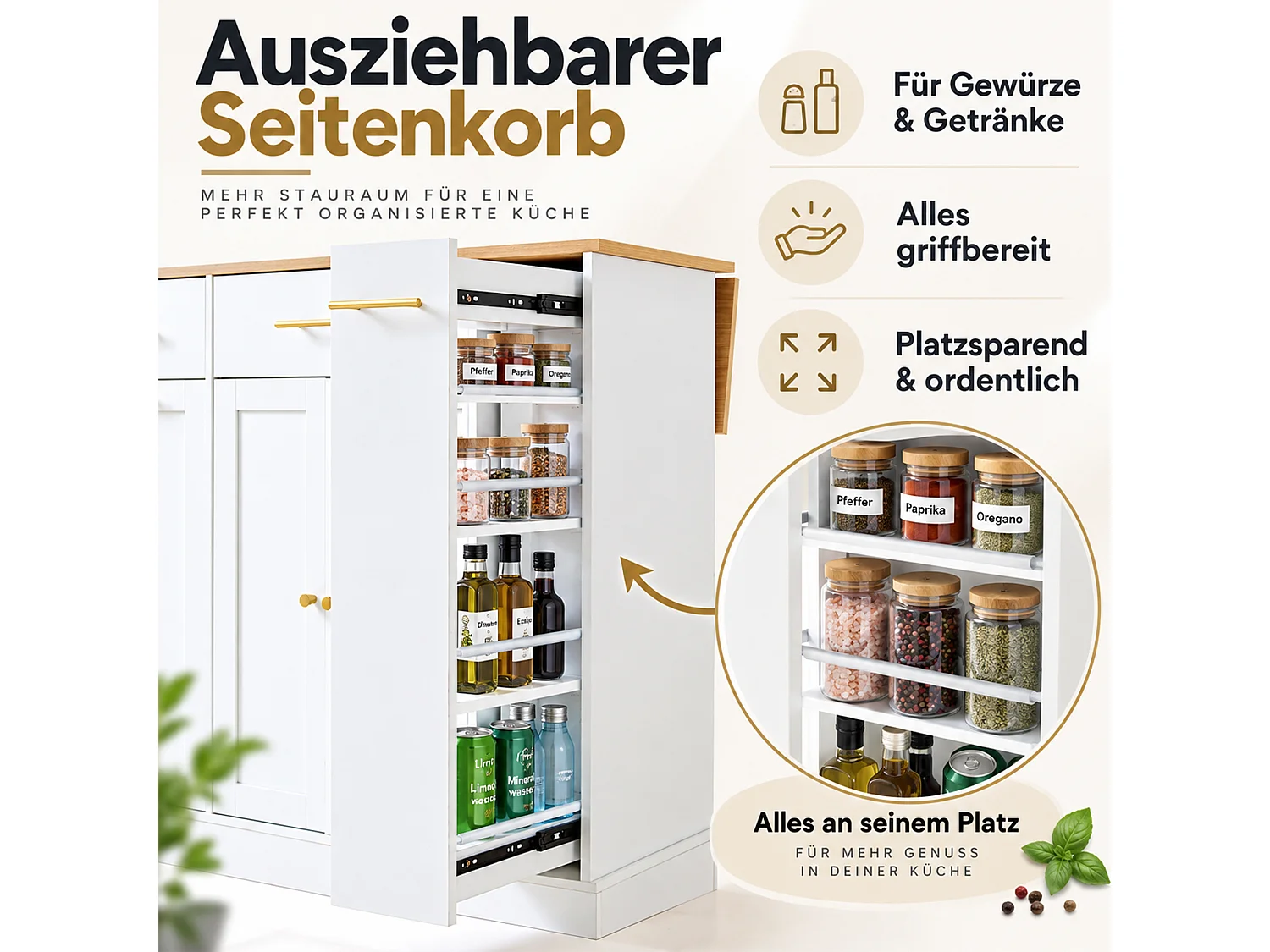 Kücheninsel mit klappbarer Arbeitsplatte 120 cm – mit verschiebbarem Seitenregal, 3 Schubladen und 2 Türen - Weiß+Natur