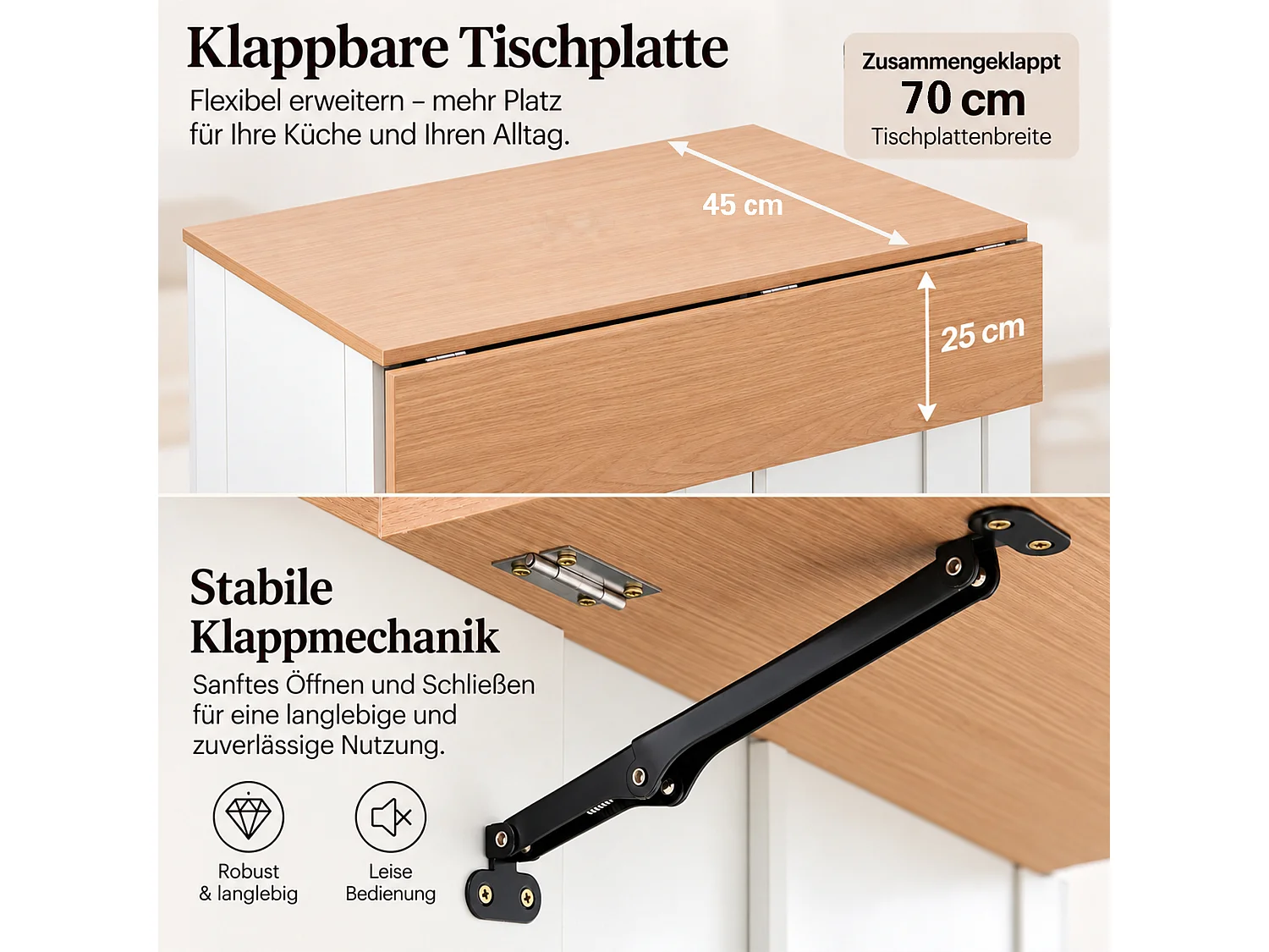 Kücheninsel mit klappbarer Arbeitsplatte 120 cm – mit verschiebbarem Seitenregal, 3 Schubladen und 2 Türen - Weiß+Natur