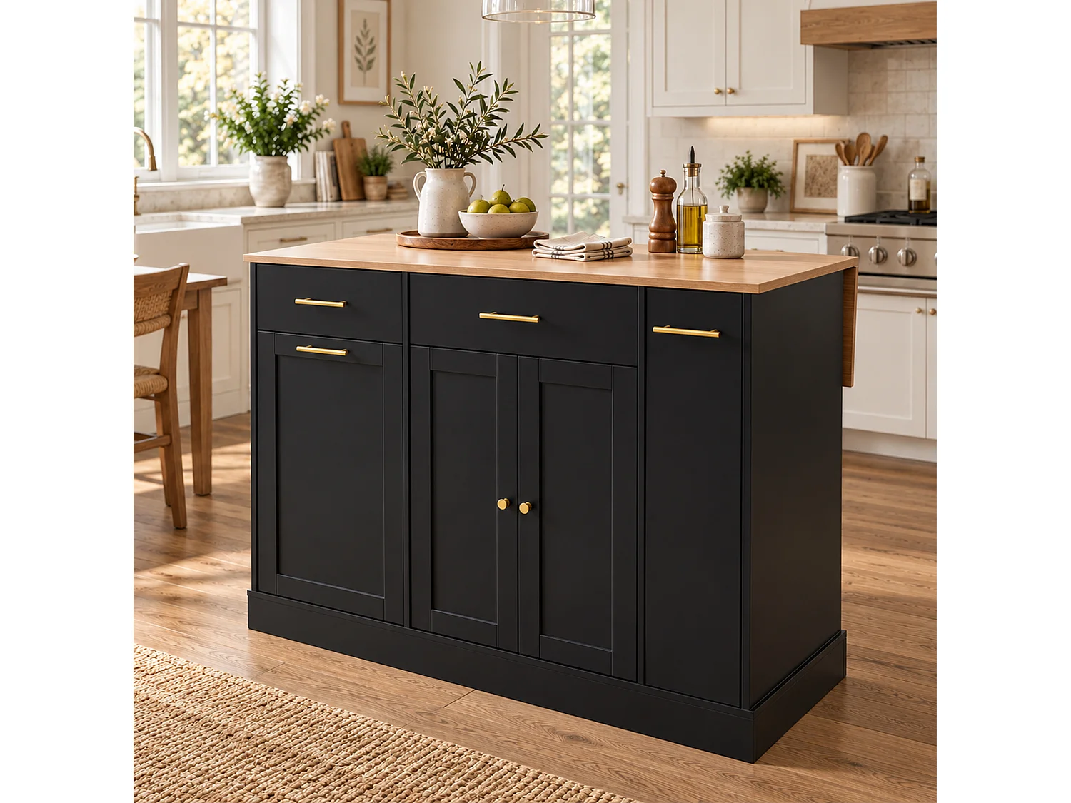 Isola da cucina con piano di lavoro ribaltabile 120 cm – con ripiano laterale scorrevole, 3 cassetti e 2 ante - Nero+Naturale