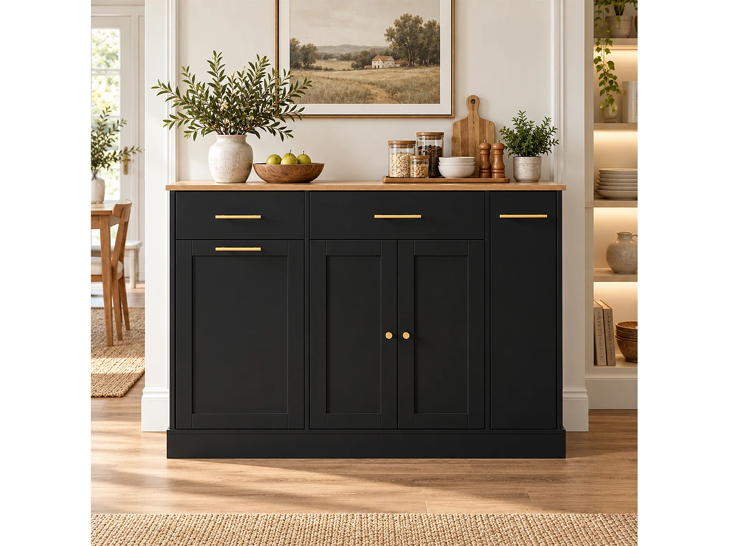 Isola da cucina con piano di lavoro ribaltabile 120 cm – con ripiano laterale scorrevole, 3 cassetti e 2 ante - Nero+Naturale
