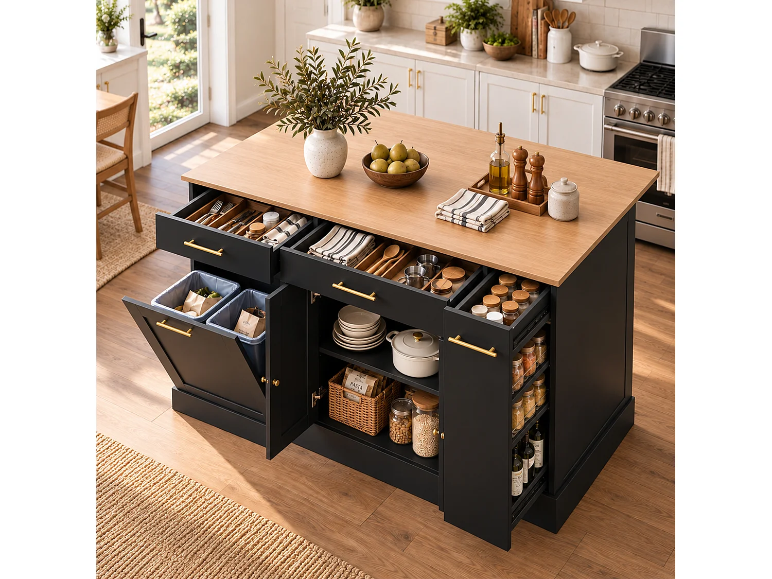 Isola da cucina con piano di lavoro ribaltabile 120 cm – con ripiano laterale scorrevole, 3 cassetti e 2 ante - Nero+Naturale