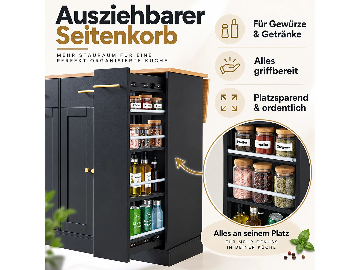 Isola da cucina con piano di lavoro ribaltabile 120 cm – con ripiano laterale scorrevole, 3 cassetti e 2 ante - Nero+Naturale