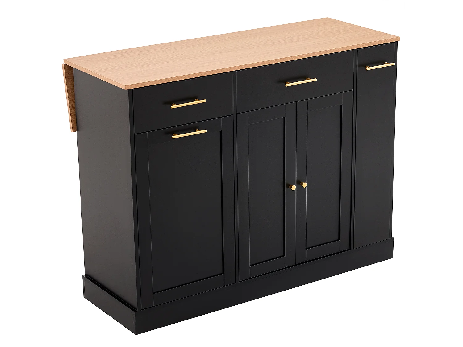 Isola da cucina con piano di lavoro ribaltabile 120 cm – con ripiano laterale scorrevole, 3 cassetti e 2 ante - Nero+Naturale