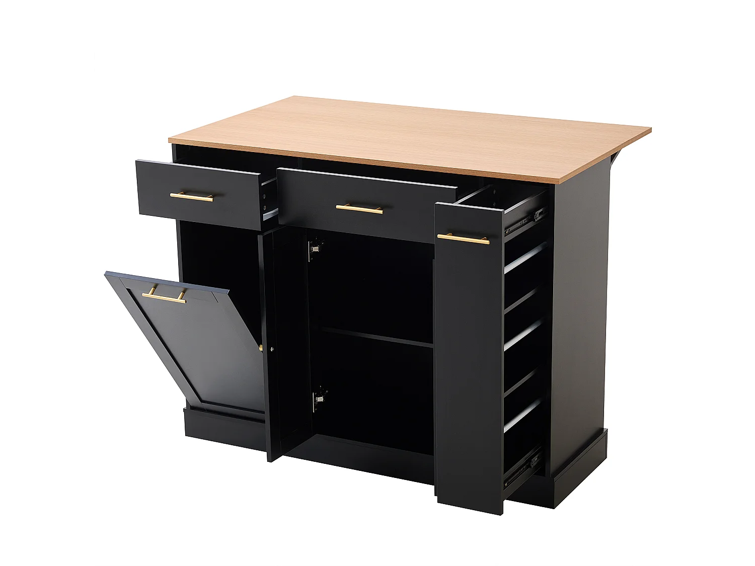Isola da cucina con piano di lavoro ribaltabile 120 cm – con ripiano laterale scorrevole, 3 cassetti e 2 ante - Nero+Naturale