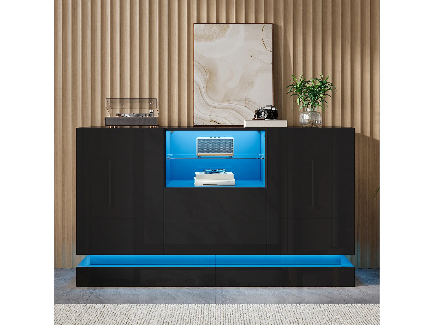 Modern sideboard 140x40x80 cm - 2 doors and 2 drawers - LED lighting - Glossy finish - With glass shelves - Black