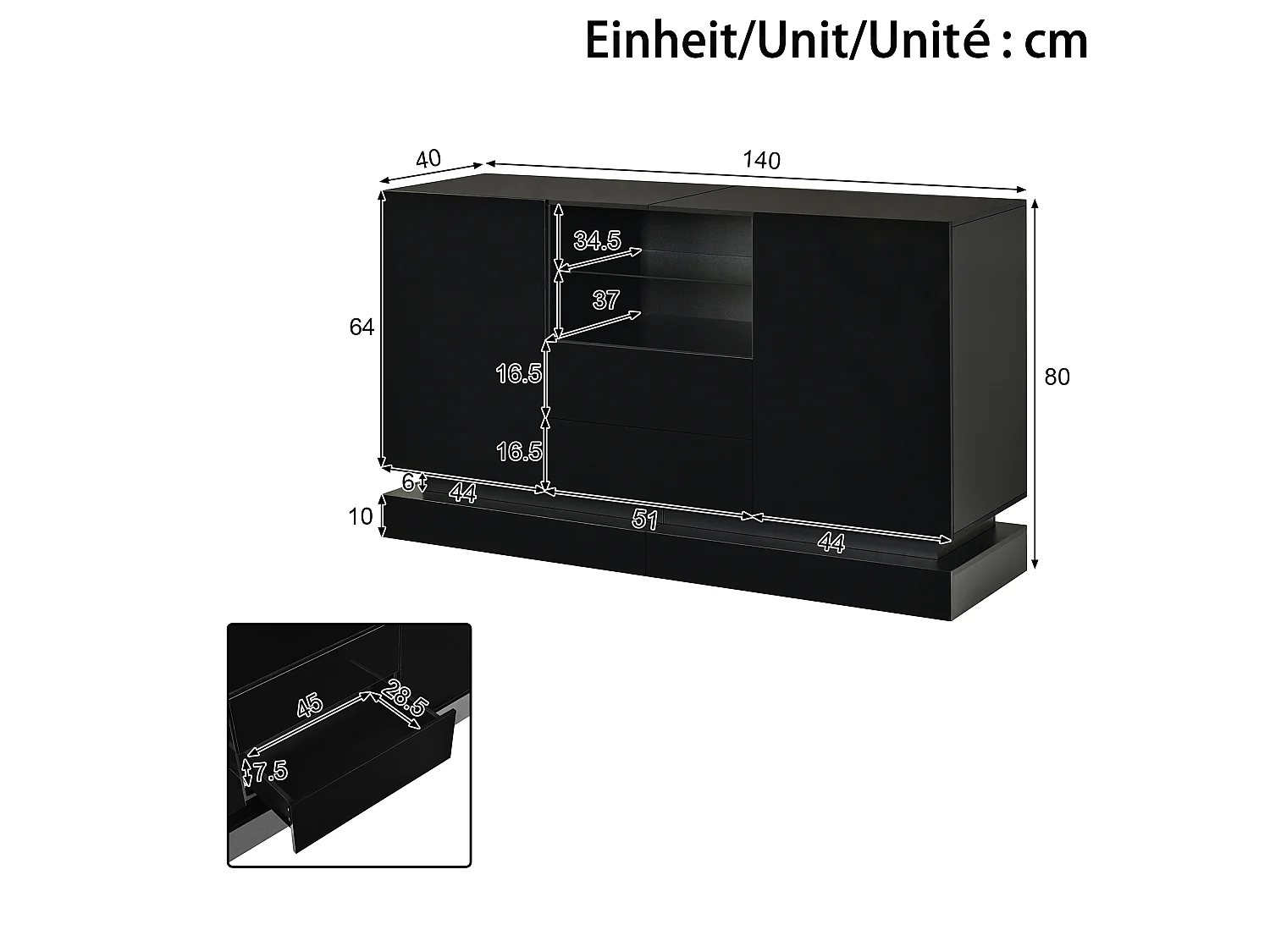 Modern sideboard 140x40x80 cm - 2 doors and 2 drawers - LED lighting - Glossy finish - With glass shelves - Black