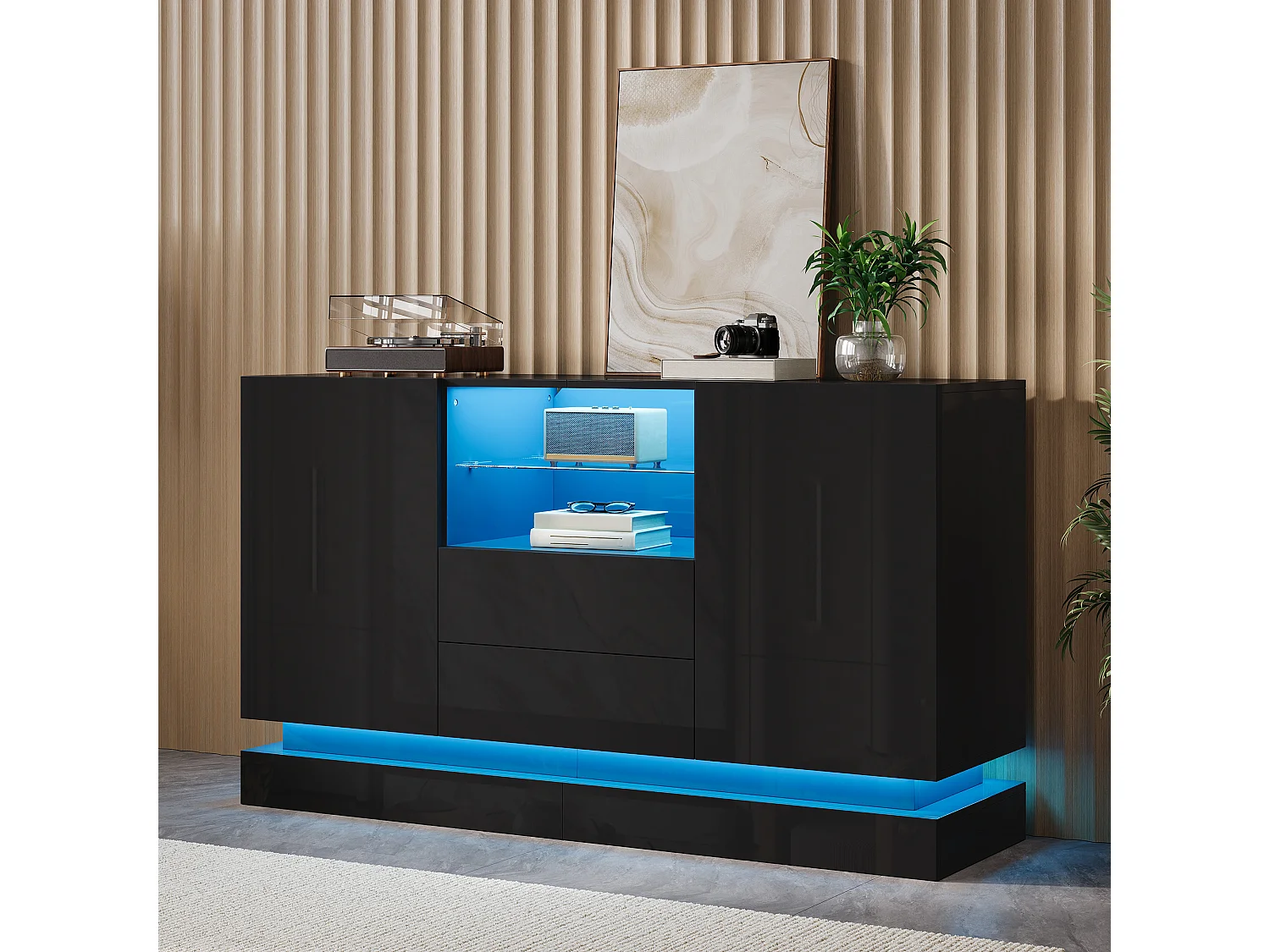 Modern sideboard 140x40x80 cm - 2 doors and 2 drawers - LED lighting - Glossy finish - With glass shelves - Black