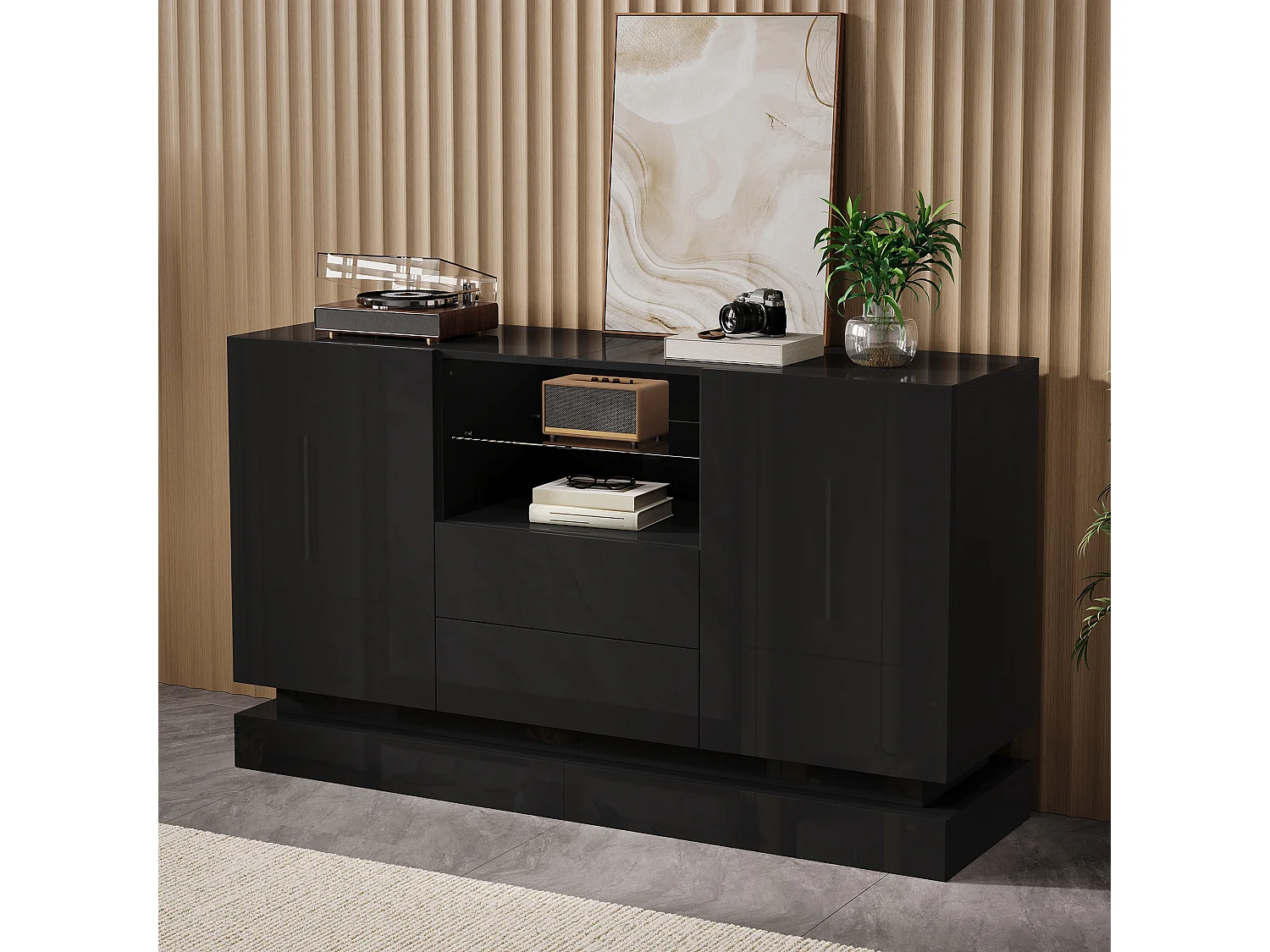 Modern sideboard 140x40x80 cm - 2 doors and 2 drawers - LED lighting - Glossy finish - With glass shelves - Black