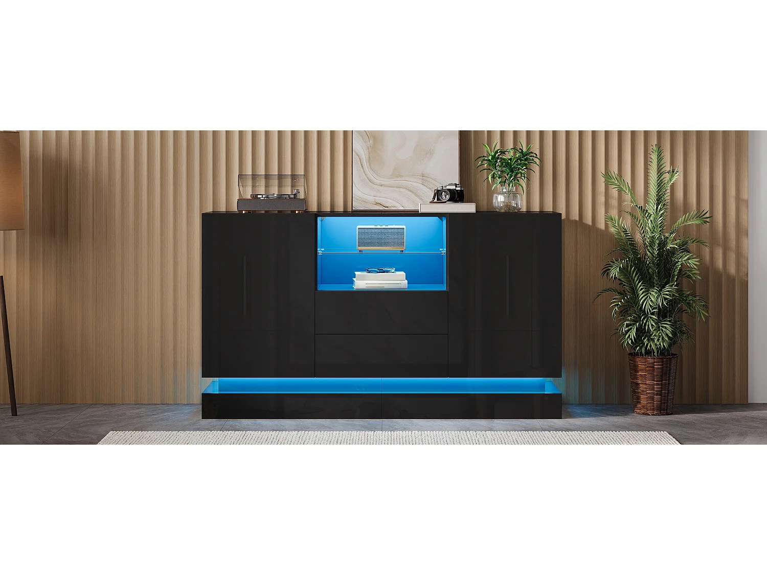 Modern sideboard 140x40x80 cm - 2 doors and 2 drawers - LED lighting - Glossy finish - With glass shelves - Black