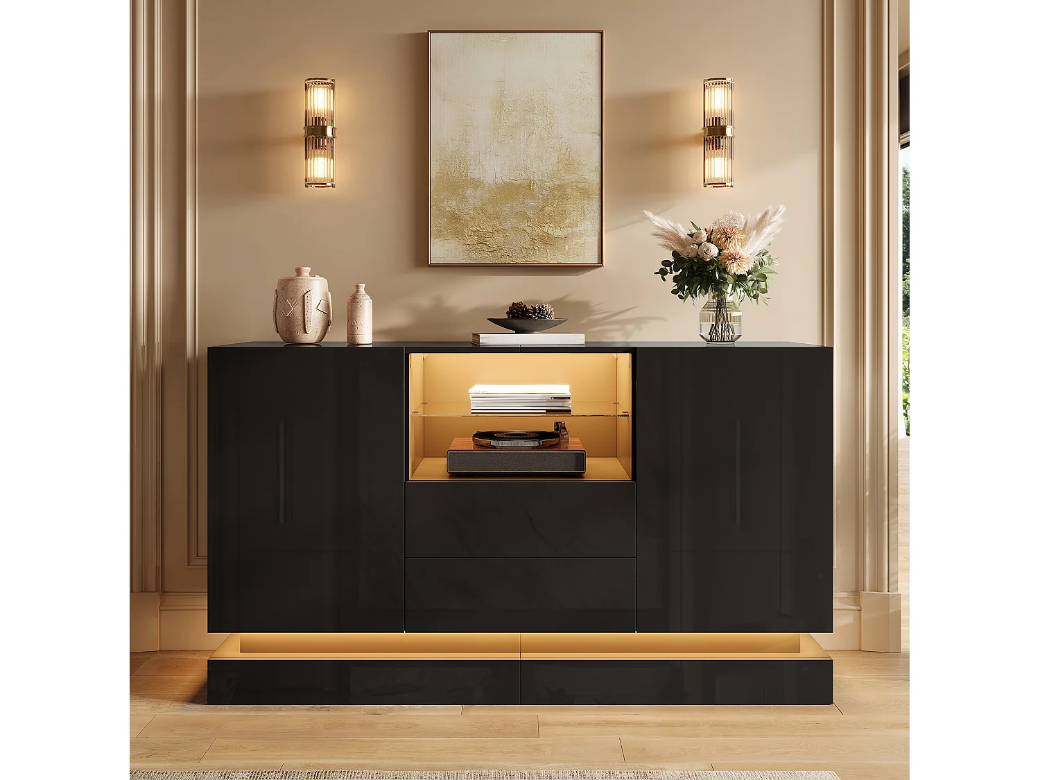 Modern sideboard 140x40x80 cm - 2 doors and 2 drawers - LED lighting - Glossy finish - With glass shelves - Black