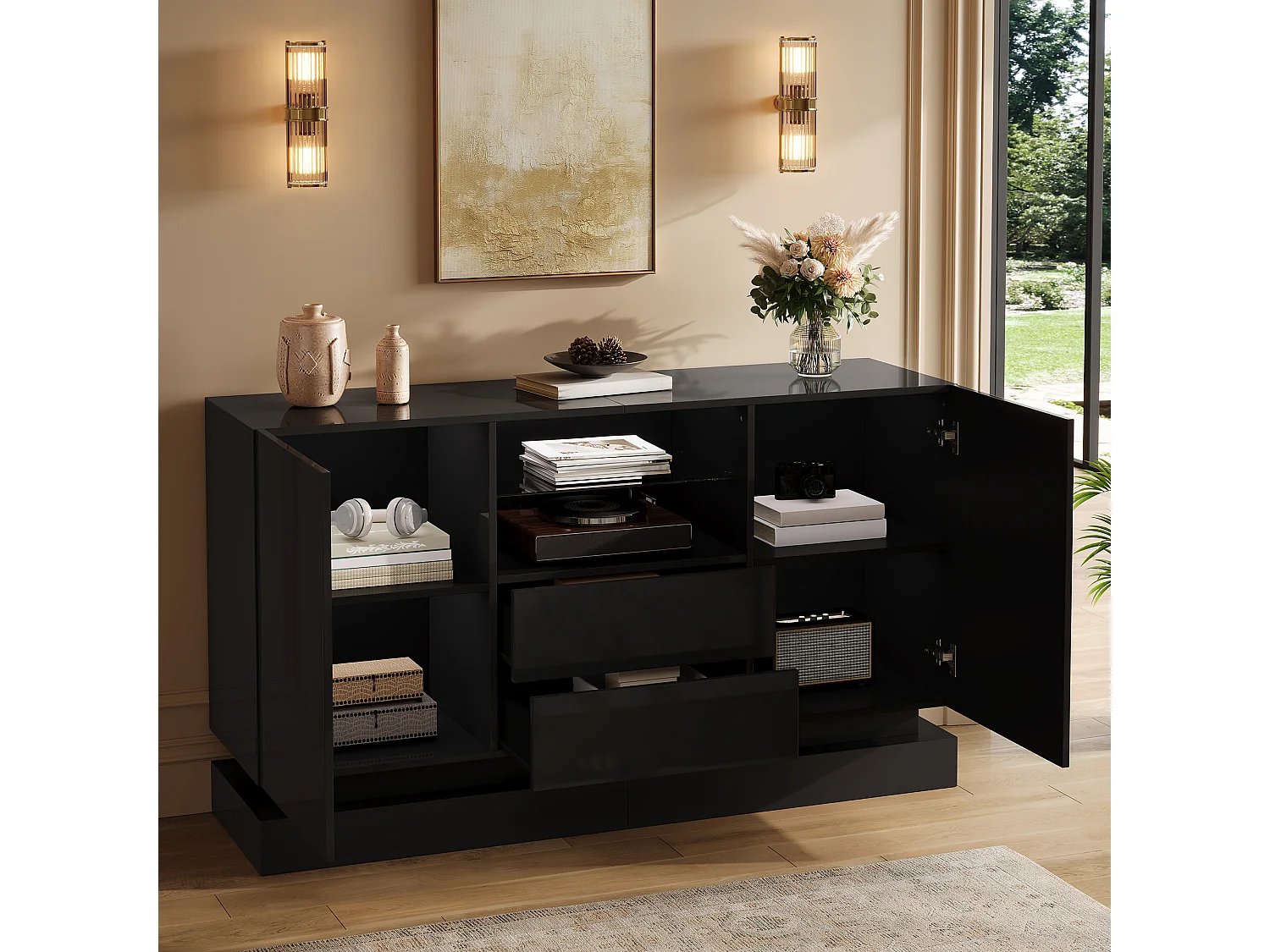 Modern sideboard 140x40x80 cm - 2 doors and 2 drawers - LED lighting - Glossy finish - With glass shelves - Black