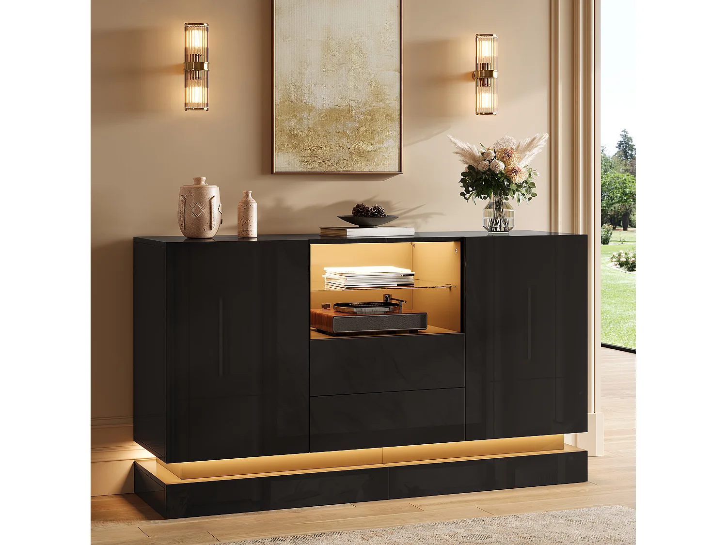 Modern sideboard 140x40x80 cm - 2 doors and 2 drawers - LED lighting - Glossy finish - With glass shelves - Black