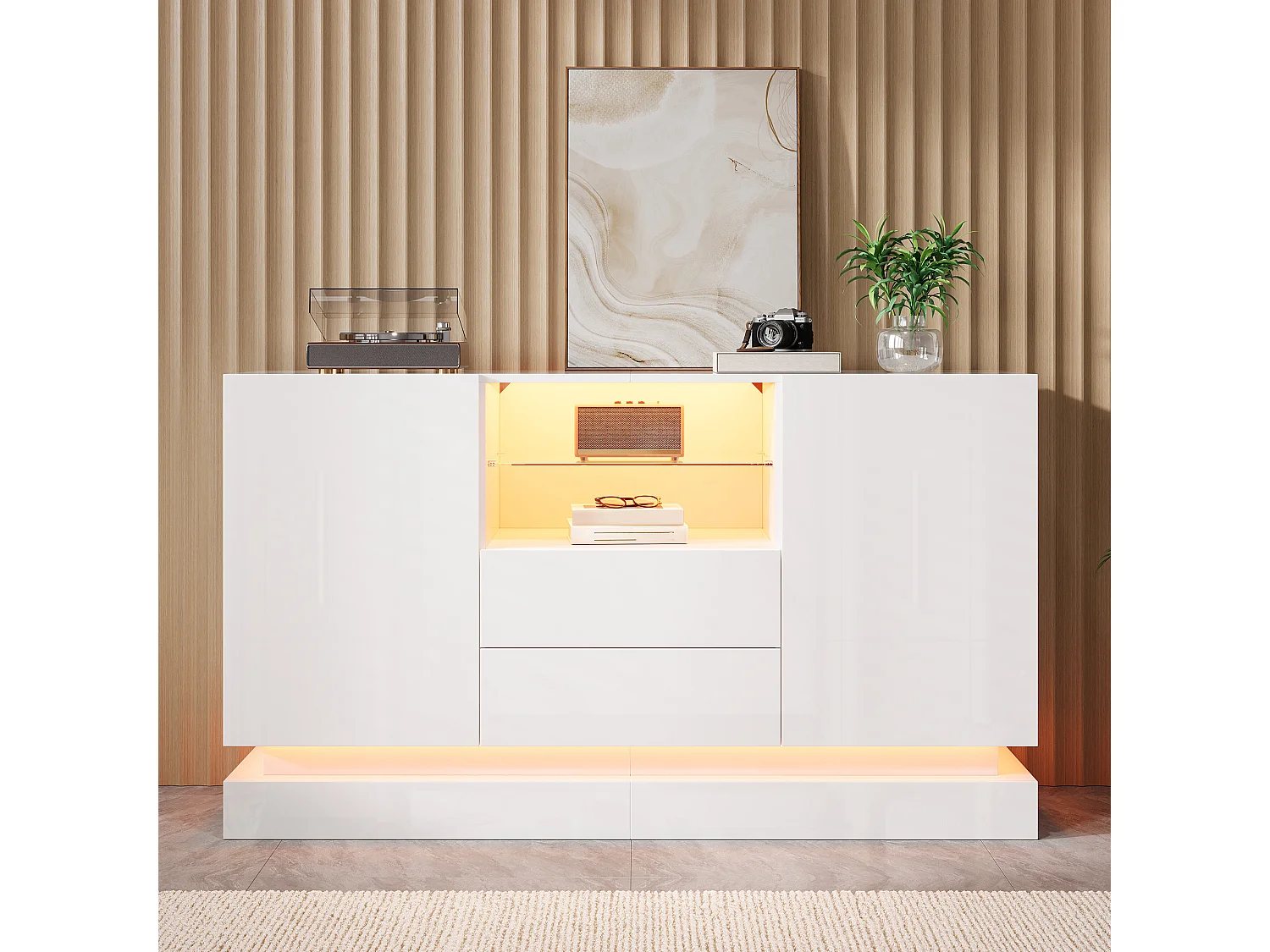 Modern sideboard 140x40x80 cm - 2 doors and 2 drawers - LED lighting - Glossy finish - With glass shelves - White