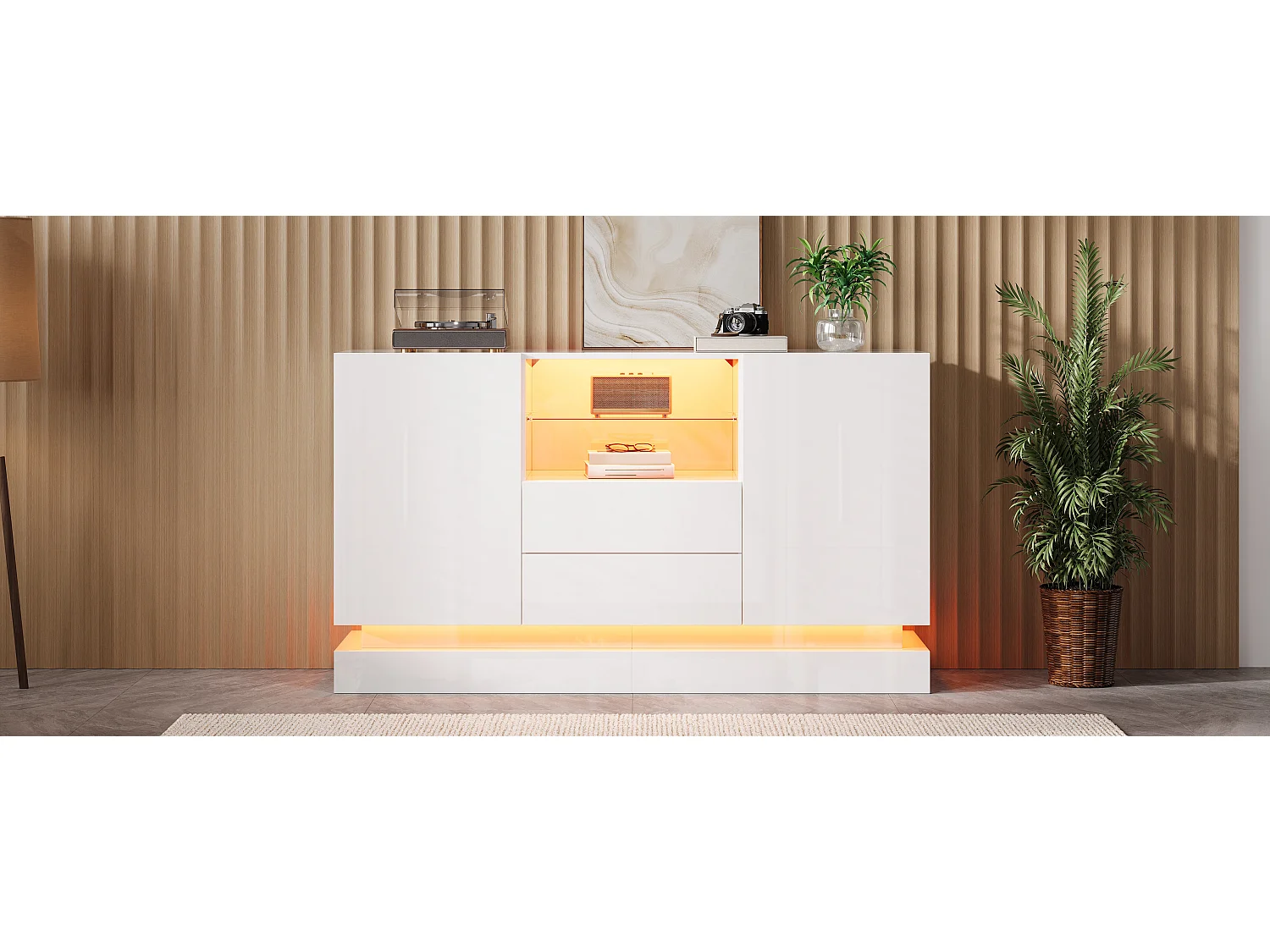 Modern sideboard 140x40x80 cm - 2 doors and 2 drawers - LED lighting - Glossy finish - With glass shelves - White