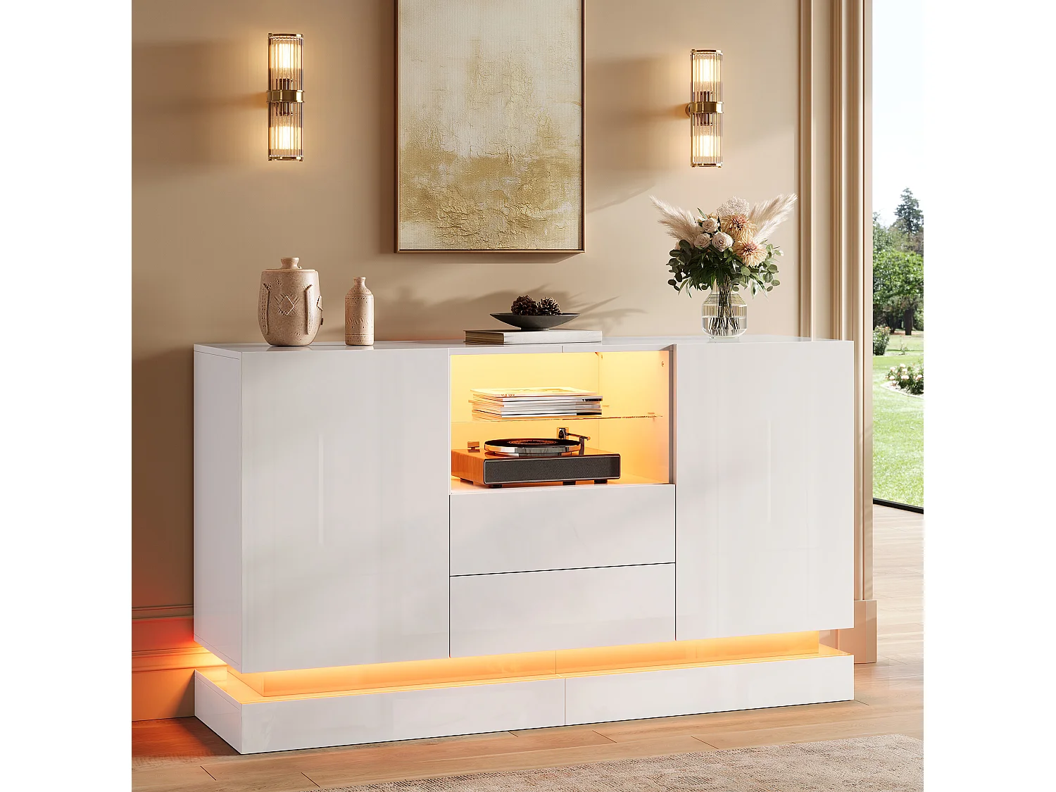 Modern sideboard 140x40x80 cm - 2 doors and 2 drawers - LED lighting - Glossy finish - With glass shelves - White