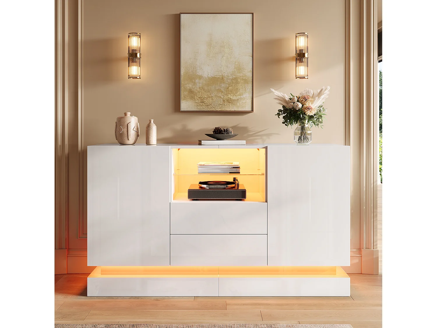 Modern sideboard 140x40x80 cm - 2 doors and 2 drawers - LED lighting - Glossy finish - With glass shelves - White