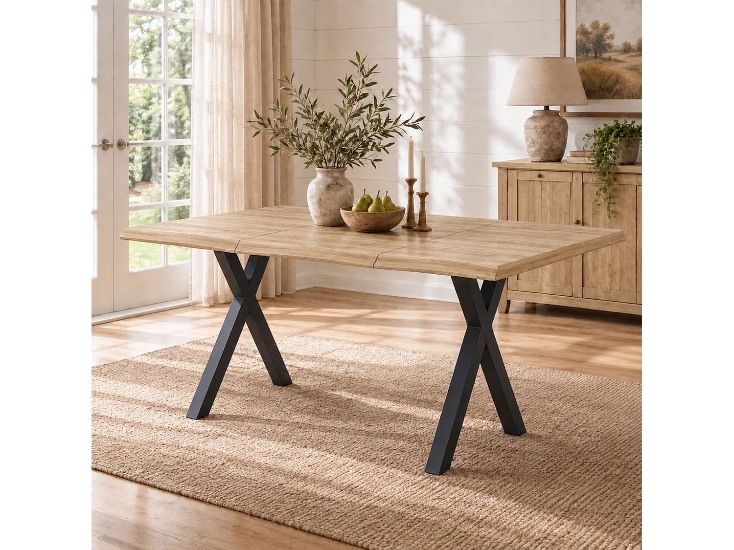Table à manger 160 x 78 x 75 cm - Pour 4 à 6 personnes - Plateau épais ondulé - Pieds en métal en X - MDF - Naturel