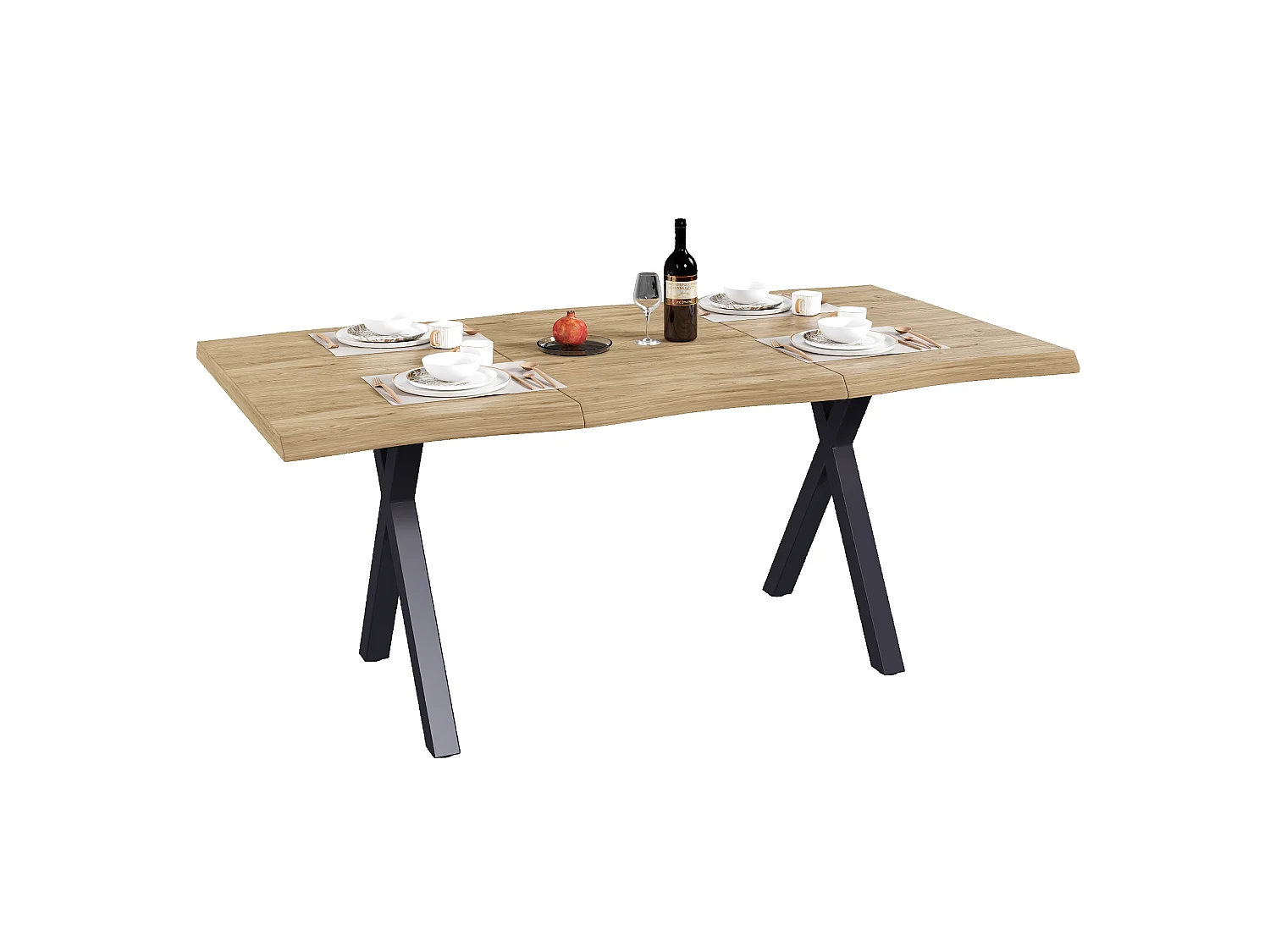 Table à manger 160 x 78 x 75 cm - Pour 4 à 6 personnes - Plateau épais ondulé - Pieds en métal en X - MDF - Naturel