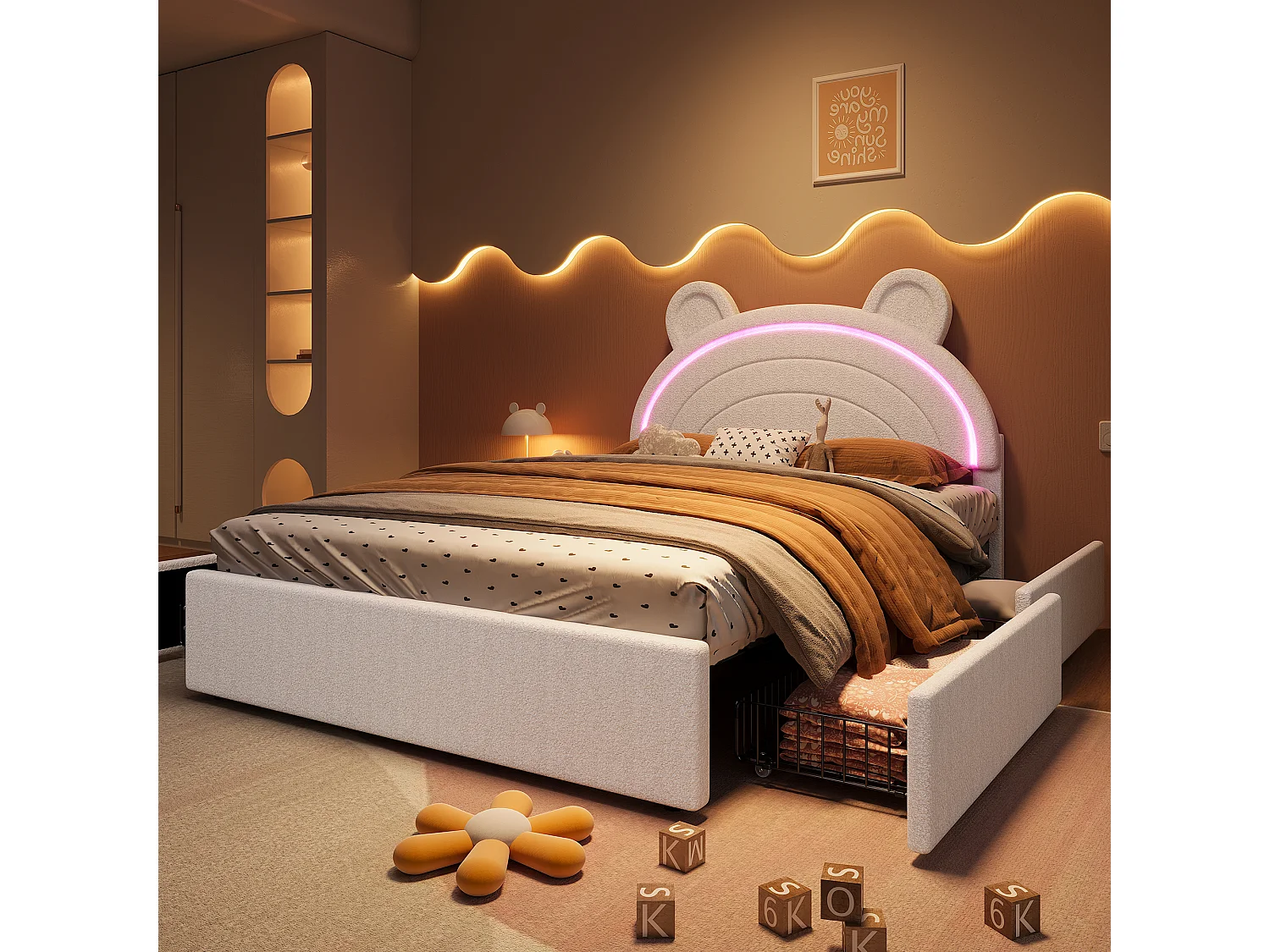 Lit rembourré pour enfants 140x200cm - avec 4 tiroirs - avec éclairage LED - tête de lit en forme d'ours - tissu velours - Beige (sans matelas)