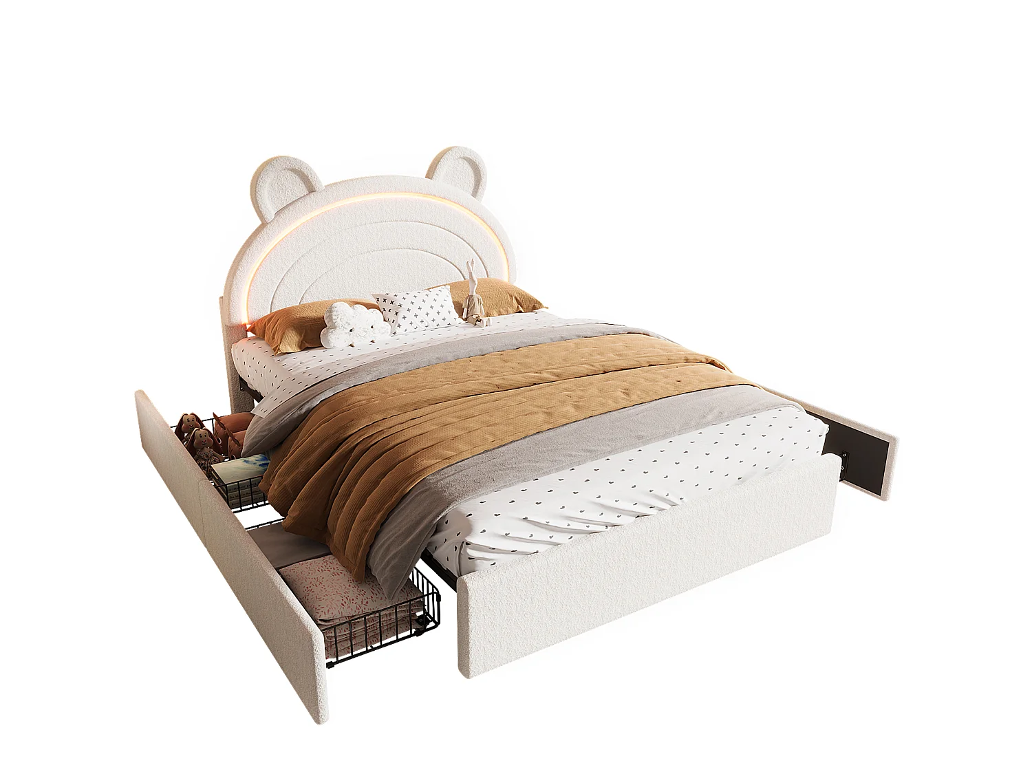 Lit rembourré pour enfants 140x200cm - avec 4 tiroirs - avec éclairage LED - tête de lit en forme d'ours - tissu velours - Beige (sans matelas)