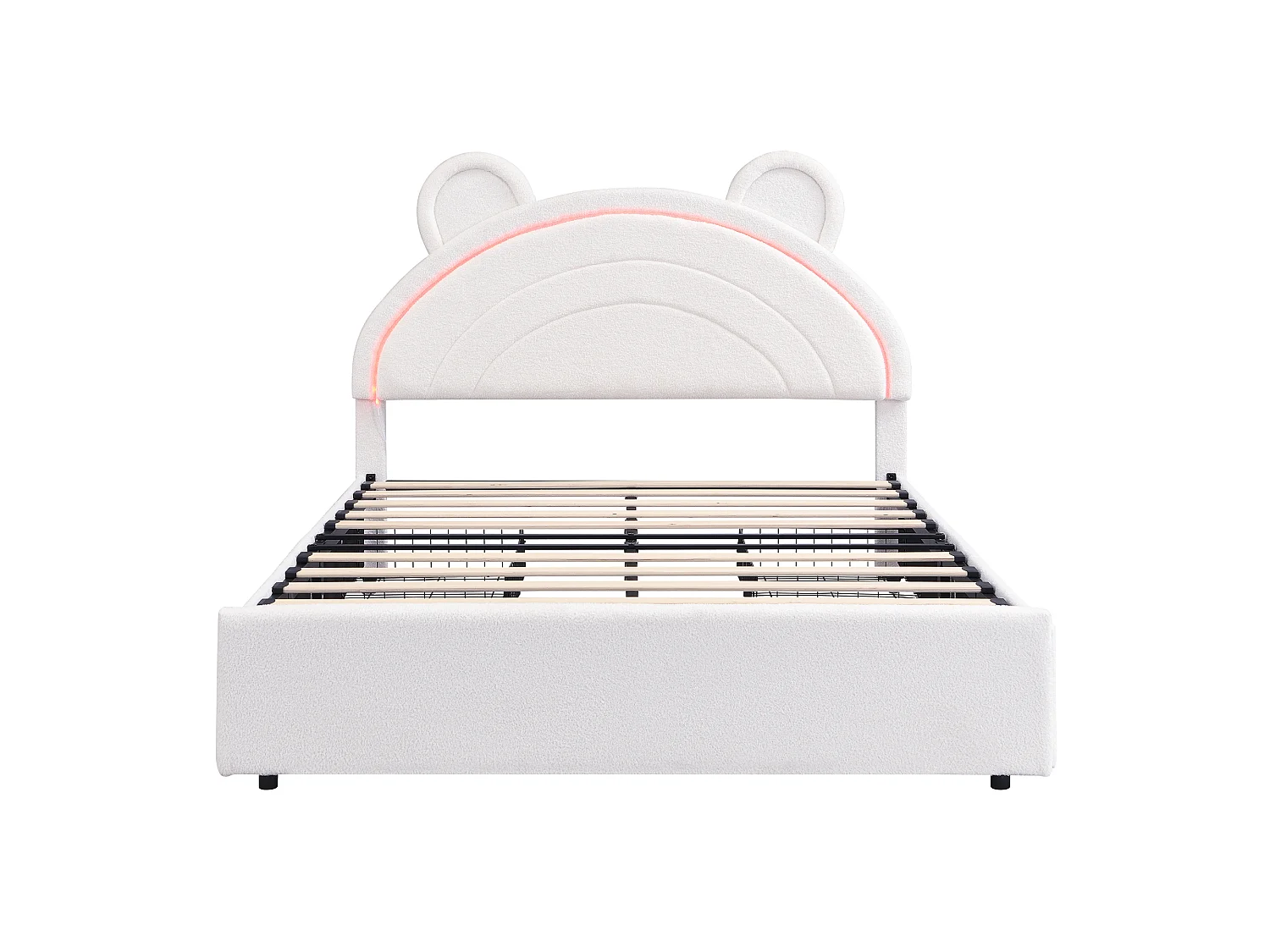 Lit rembourré pour enfants 140x200cm - avec 4 tiroirs - avec éclairage LED - tête de lit en forme d'ours - tissu velours - Beige (sans matelas)