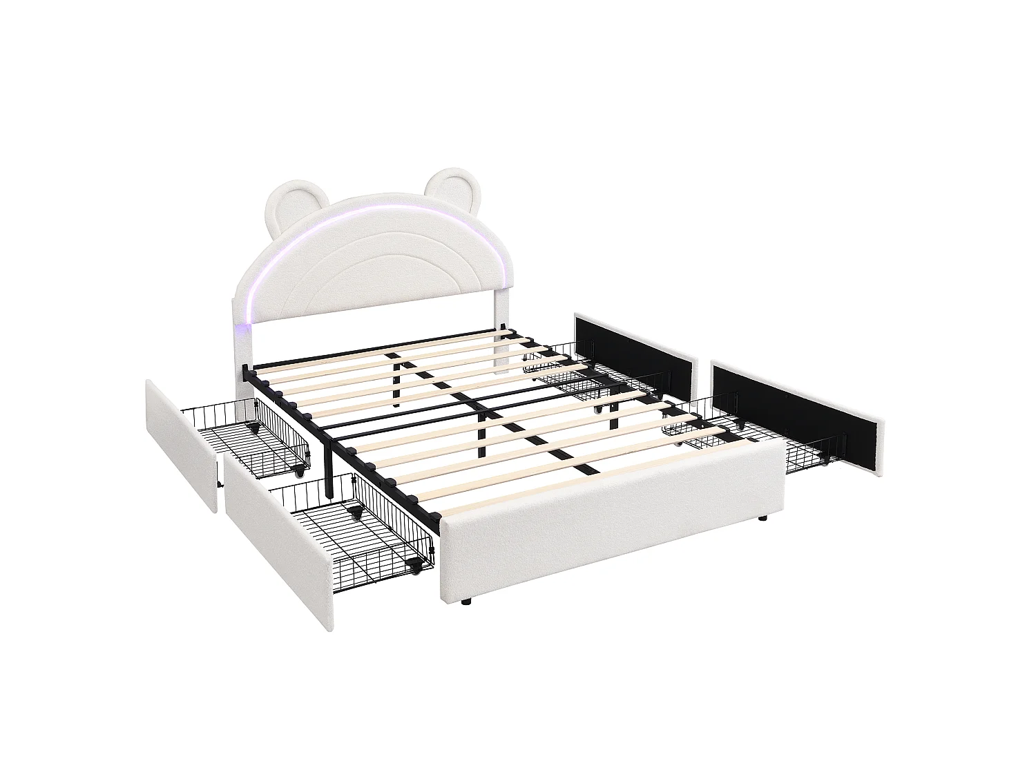 Lit rembourré pour enfants 140x200cm - avec 4 tiroirs - avec éclairage LED - tête de lit en forme d'ours - tissu velours - Beige (sans matelas)
