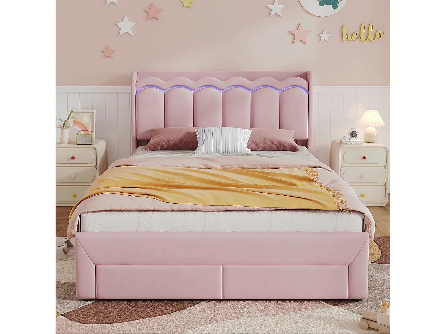 Lit rembourré pour enfants 140x200cm - avec 2 tiroirs - avec éclairage LED - tissu velours - Rose (sans matelas)