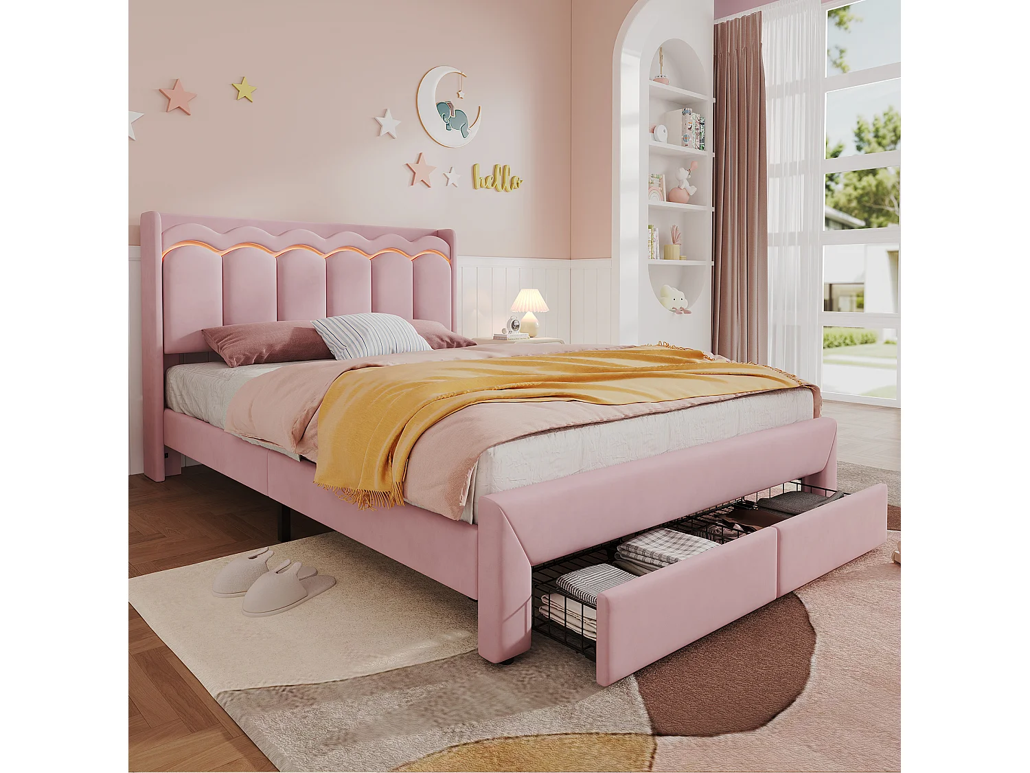 Lit rembourré pour enfants 140x200cm - avec 2 tiroirs - avec éclairage LED - tissu velours - Rose (sans matelas)