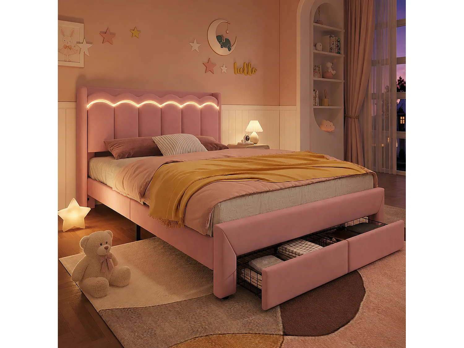 Lit rembourré pour enfants 140x200cm - avec 2 tiroirs - avec éclairage LED - tissu velours - Rose (sans matelas)
