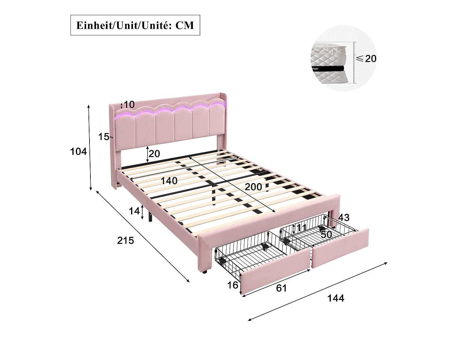 Lit rembourré pour enfants 140x200cm - avec 2 tiroirs - avec éclairage LED - tissu velours - Rose (sans matelas)