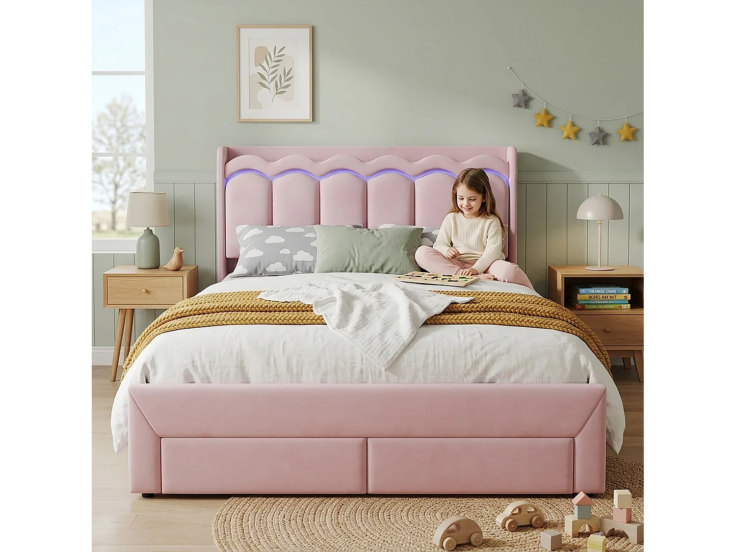 Lit rembourré pour enfants 140x200cm - avec 2 tiroirs - avec éclairage LED - tissu velours - Rose (sans matelas)