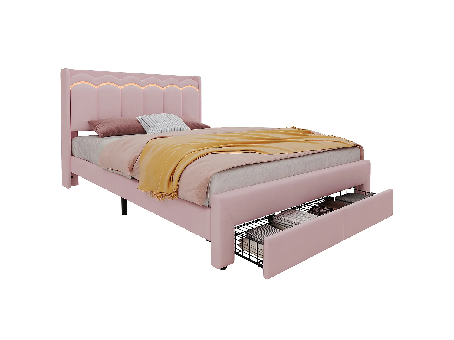 Lit rembourré pour enfants 140x200cm - avec 2 tiroirs - avec éclairage LED - tissu velours - Rose (sans matelas)