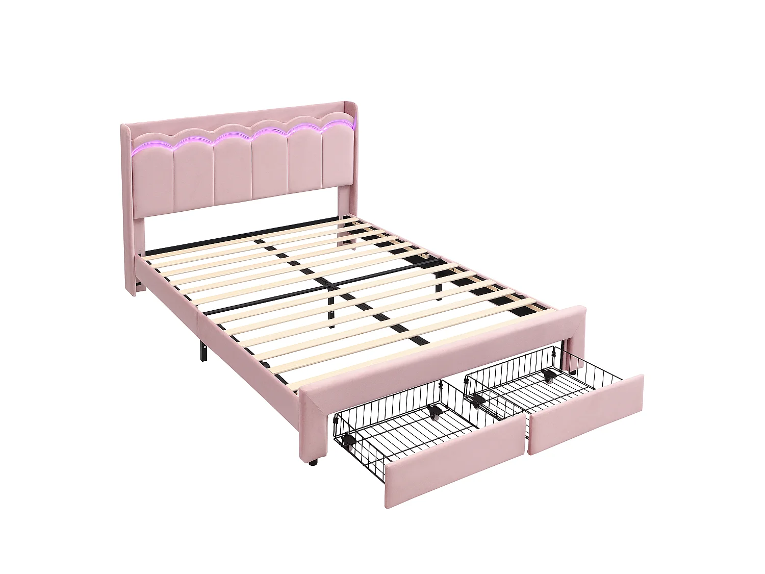 Lit rembourré pour enfants 140x200cm - avec 2 tiroirs - avec éclairage LED - tissu velours - Rose (sans matelas)