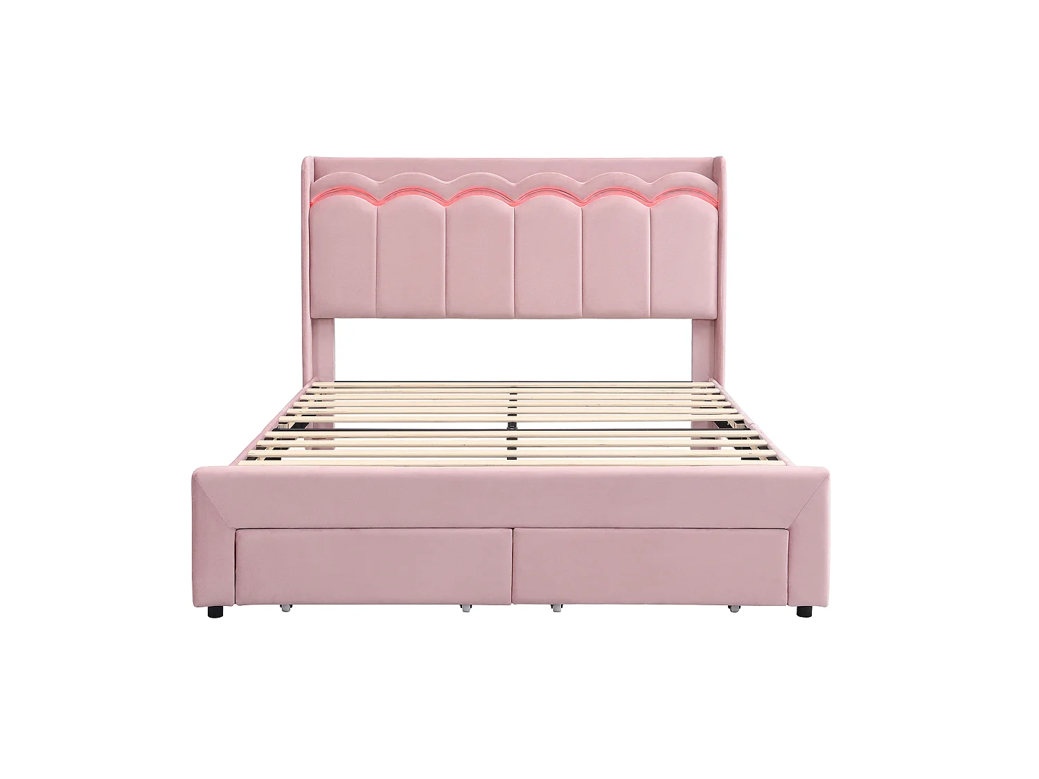 Lit rembourré pour enfants 140x200cm - avec 2 tiroirs - avec éclairage LED - tissu velours - Rose (sans matelas)