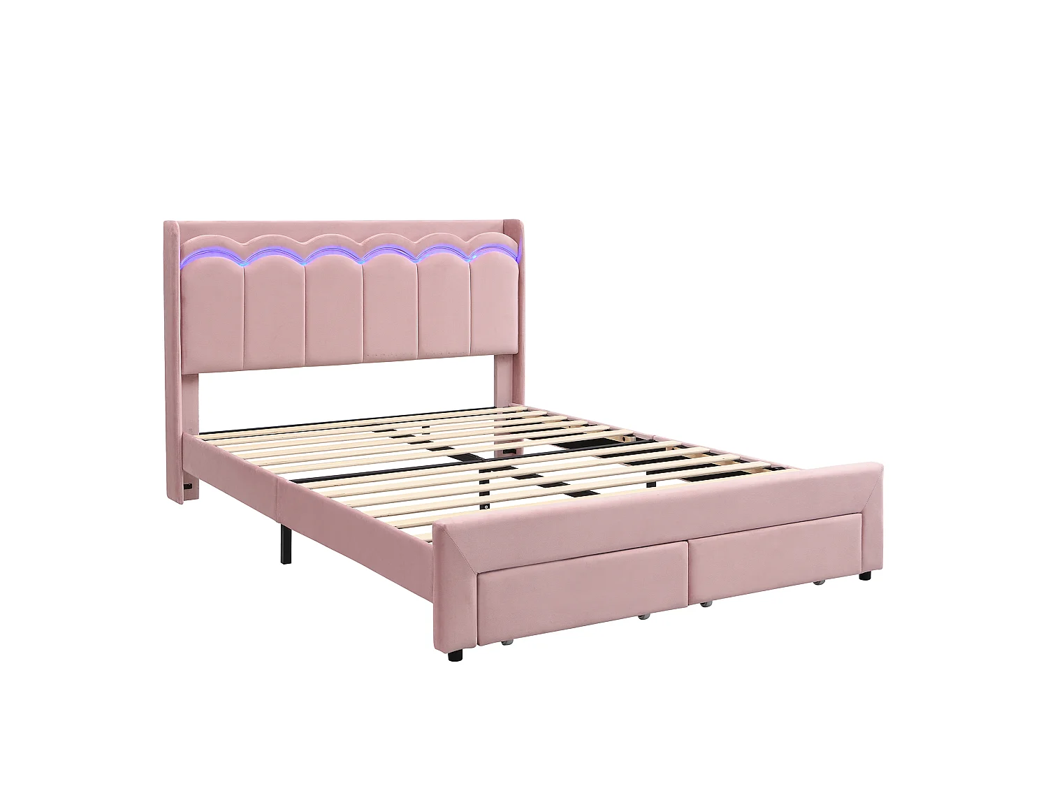 Lit rembourré pour enfants 140x200cm - avec 2 tiroirs - avec éclairage LED - tissu velours - Rose (sans matelas)