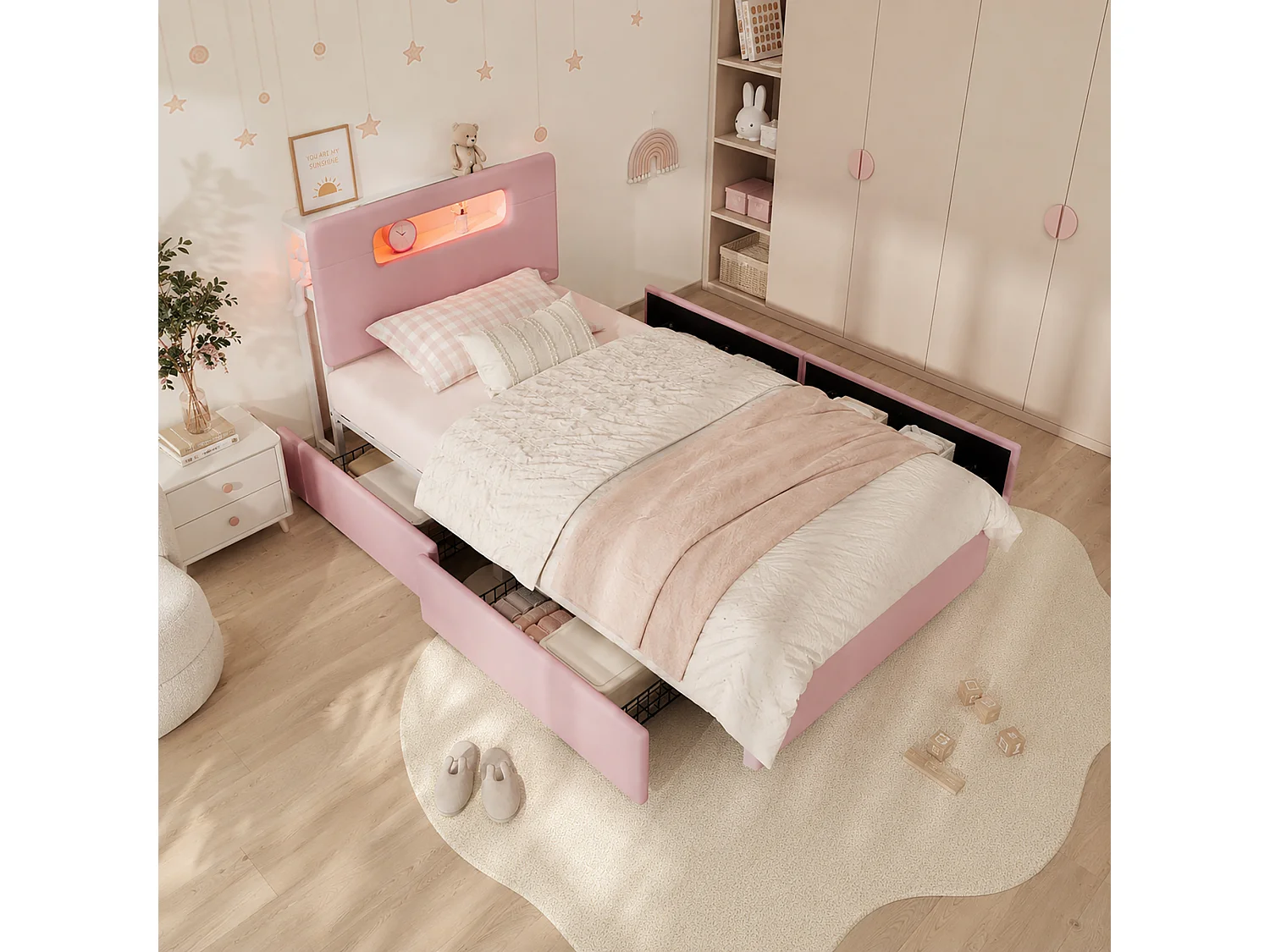 Lit rembourré pour enfants 90x200cm - avec 4 tiroirs - avec éclairage LED - compartiment de rangement ouvert - tissu velours - Rose (sans matelas)