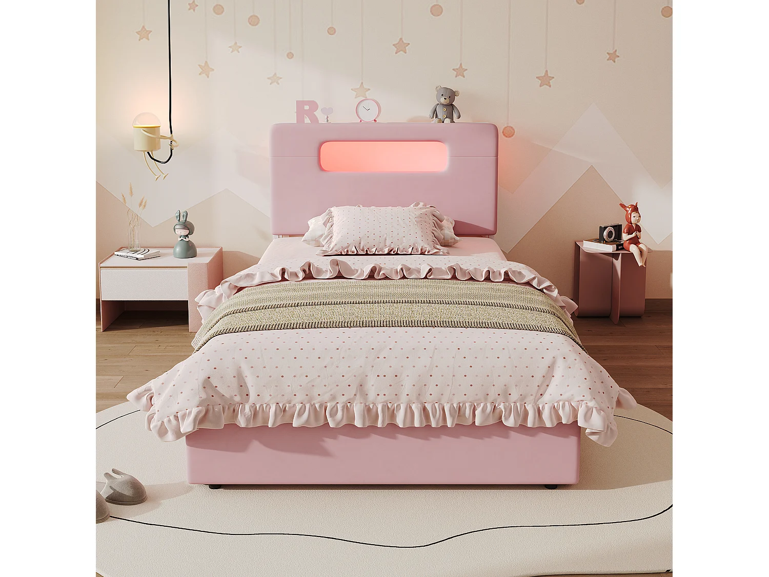 Lit rembourré pour enfants 90x200cm - avec 4 tiroirs - avec éclairage LED - compartiment de rangement ouvert - tissu velours - Rose (sans matelas)