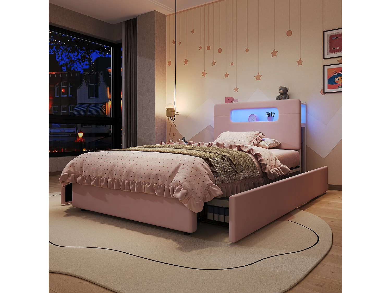 Lit rembourré pour enfants 90x200cm - avec 4 tiroirs - avec éclairage LED - compartiment de rangement ouvert - tissu velours - Rose (sans matelas)