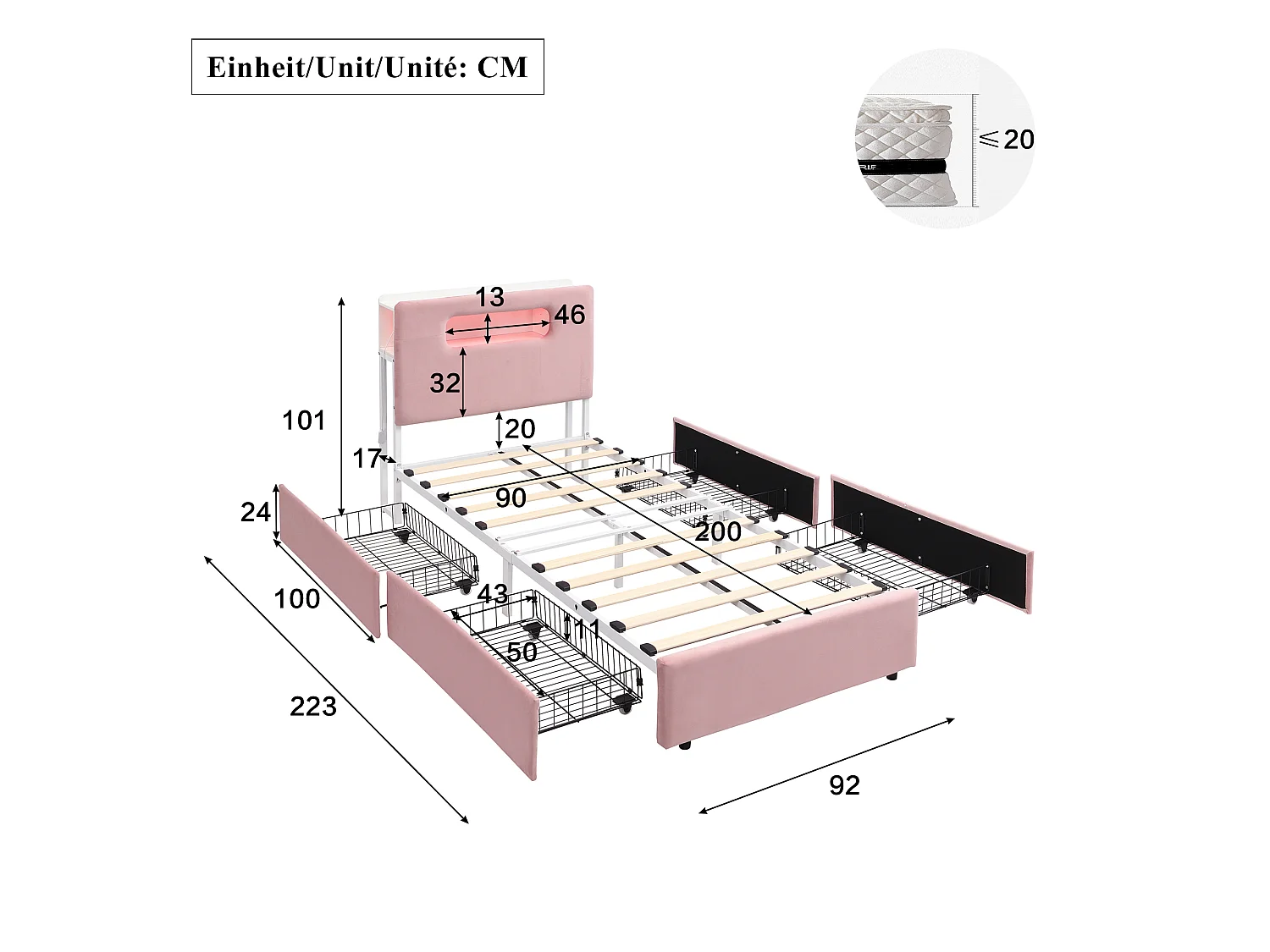 Lit rembourré pour enfants 90x200cm - avec 4 tiroirs - avec éclairage LED - compartiment de rangement ouvert - tissu velours - Rose (sans matelas)