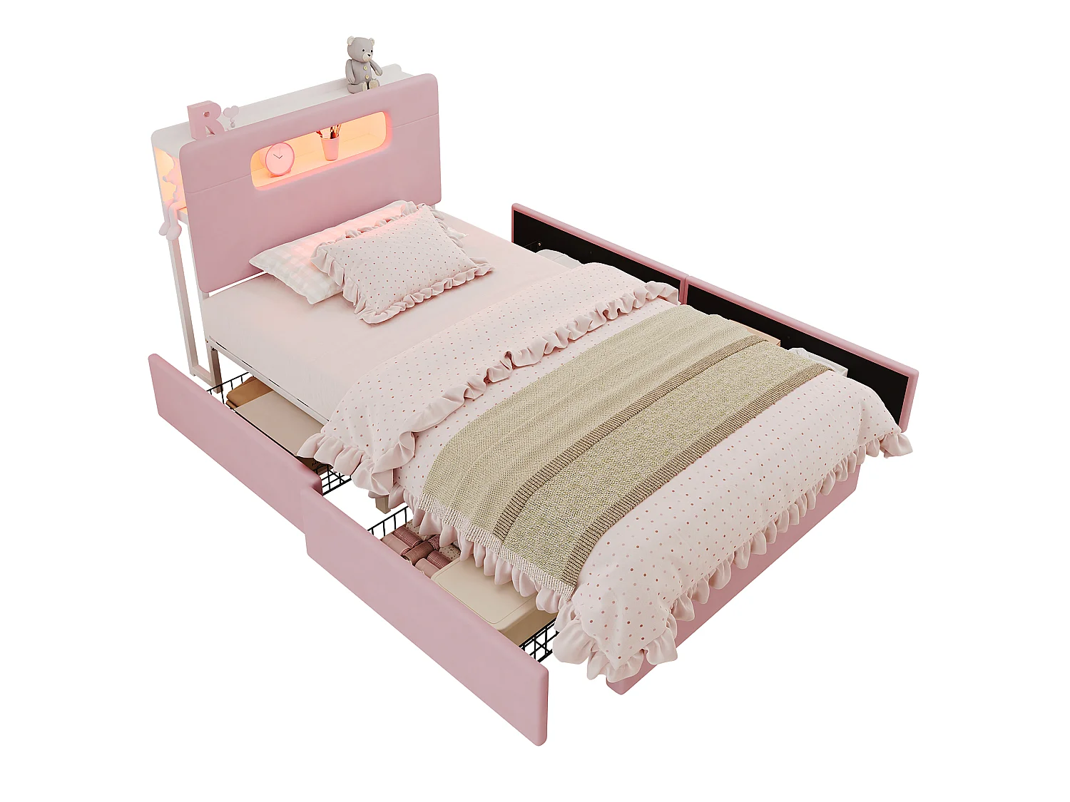 Lit rembourré pour enfants 90x200cm - avec 4 tiroirs - avec éclairage LED - compartiment de rangement ouvert - tissu velours - Rose (sans matelas)