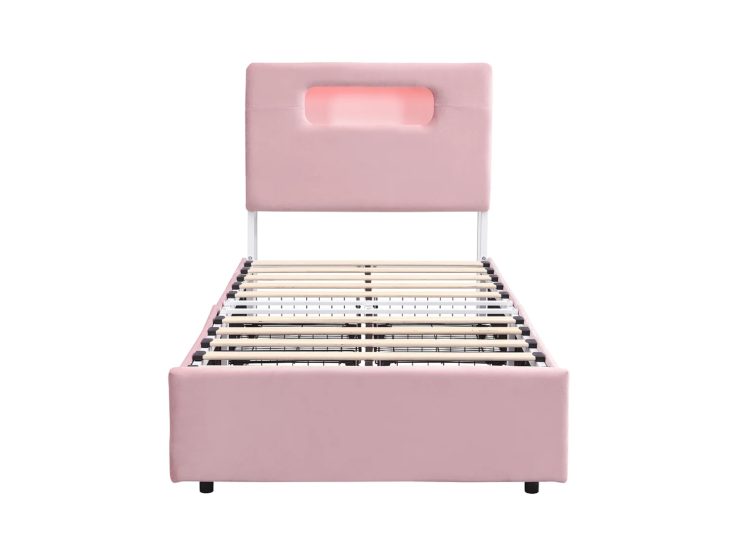 Lit rembourré pour enfants 90x200cm - avec 4 tiroirs - avec éclairage LED - compartiment de rangement ouvert - tissu velours - Rose (sans matelas)