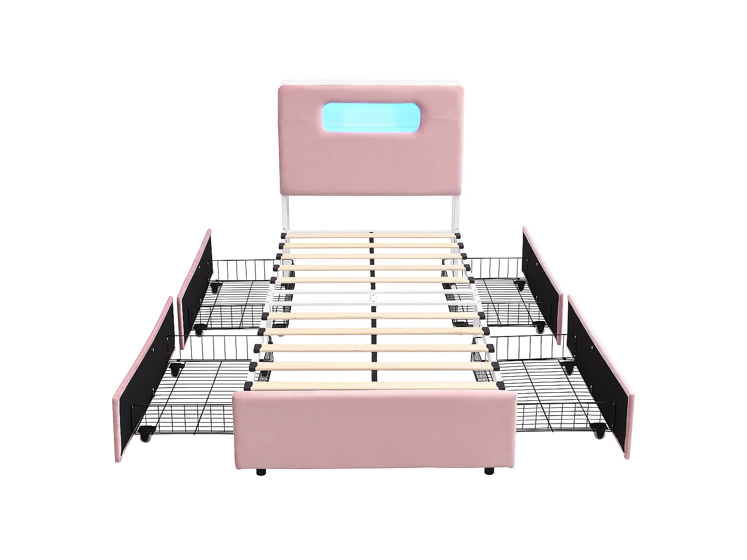 Lit rembourré pour enfants 90x200cm - avec 4 tiroirs - avec éclairage LED - compartiment de rangement ouvert - tissu velours - Rose (sans matelas)