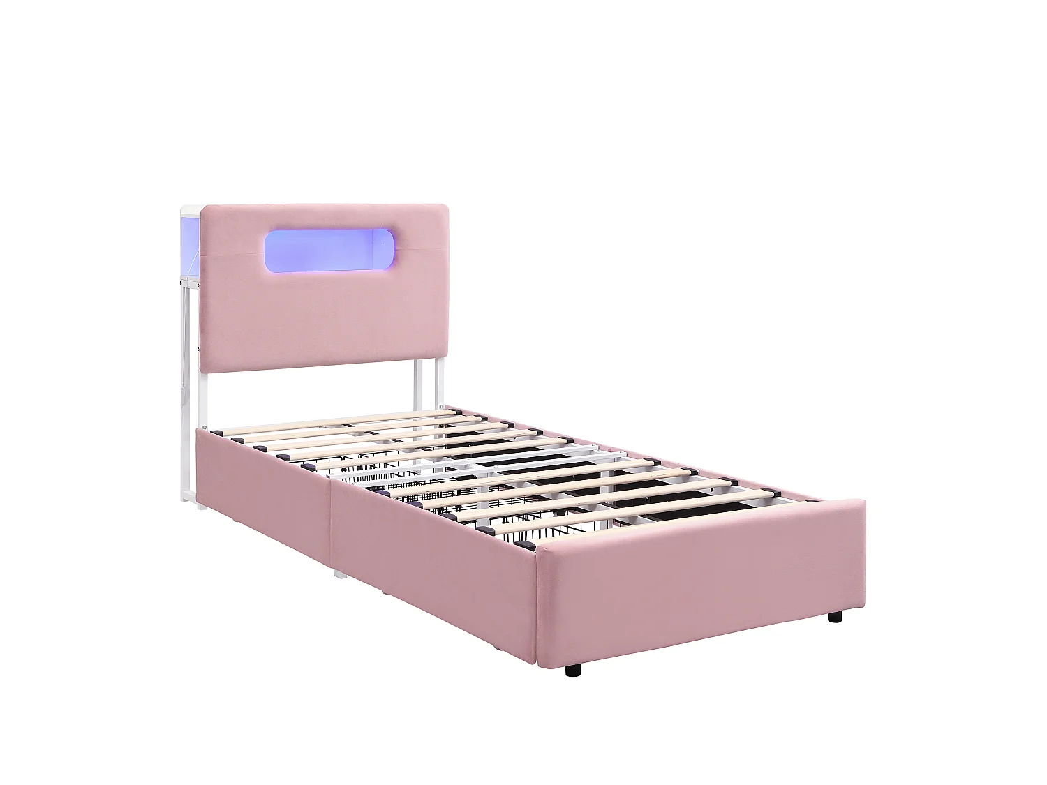 Lit rembourré pour enfants 90x200cm - avec 4 tiroirs - avec éclairage LED - compartiment de rangement ouvert - tissu velours - Rose (sans matelas)