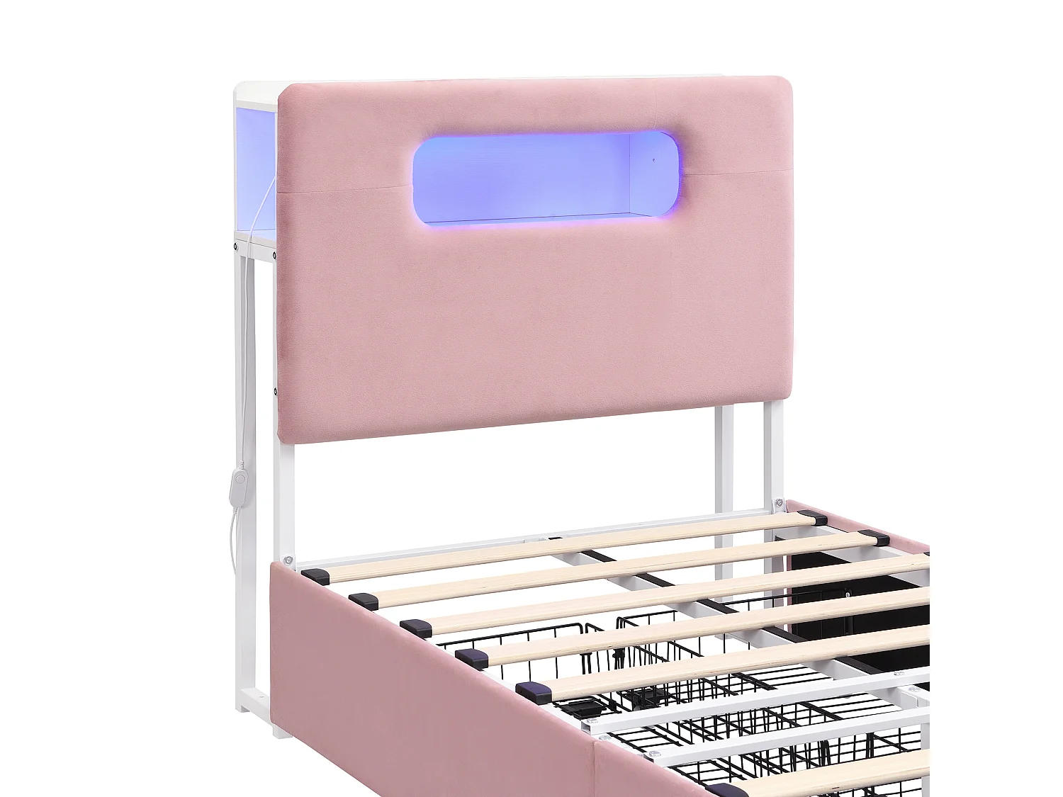 Lit rembourré pour enfants 90x200cm - avec 4 tiroirs - avec éclairage LED - compartiment de rangement ouvert - tissu velours - Rose (sans matelas)